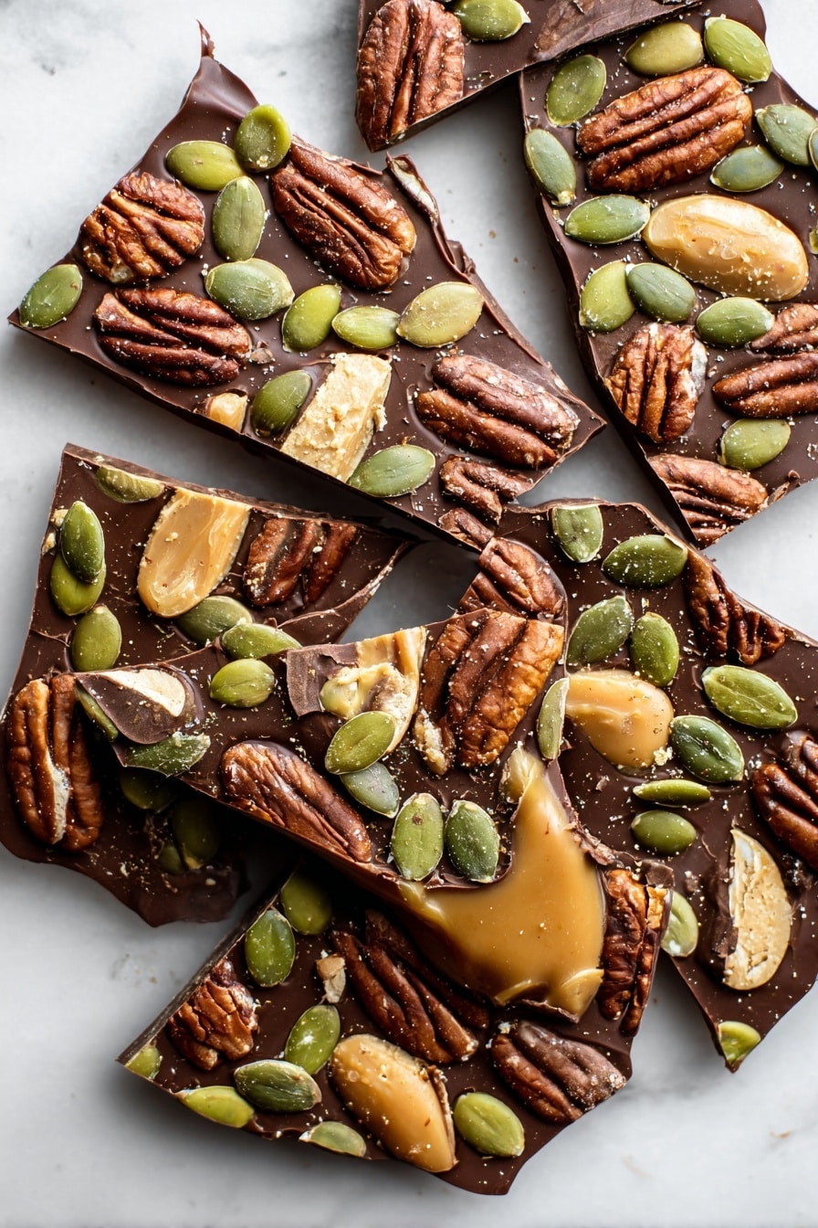 The image shows several pieces of broken chocolate bark with three main layers: a bottom layer of light caramel color with a smooth texture, a middle thick layer of rich dark chocolate that looks slightly shiny and creamy, and a top layer covered with scattered pecan halves, green pumpkin seeds, and oval peanut butter pieces that have a creamy surface with a light dusting of cinnamon. The pieces are placed closely on a white marbled surface, creating a mix of rough and smooth textures with warm brown and green colors. photo taken with an iphone --ar 2:3 --v 7 - Milk Chocolate Pumpkin Buttercrunch, Pumpkin Buttercrunch Recipe, Fall Candy Recipes, Easy Holiday Treats, Pumpkin Chocolate Snack