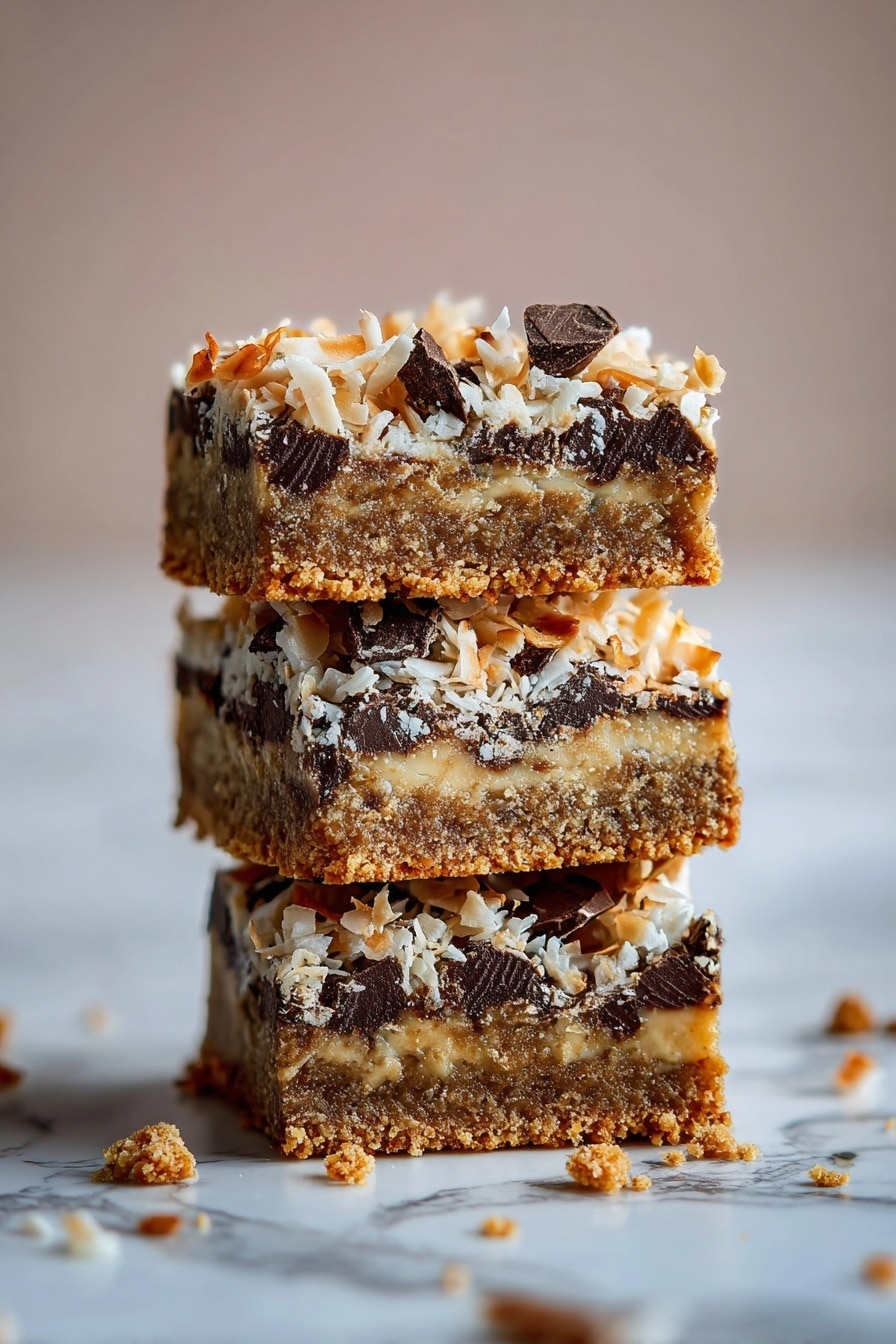 The image shows a stack of three square bars on a white marbled surface. Each bar has two layers: a thick, dense, brown base layer with a slightly crumbly texture and a lighter brown middle layer embedded with dark chocolate chunks. On top, there is a layer scattered with toasted coconut flakes and more chocolate pieces, giving a mix of light cream, dark brown, and golden hues. The bars look soft inside with a crunchy topping, and crumbs are scattered at the bottom around the stack. Photo taken with an iphone --ar 2:3 --v 7 - Pumpkin Gooey Bars with Chocolate Chips and Coconut, fall dessert recipes, pumpkin dessert ideas, chocolate chip pumpkin bars, easy autumn treats