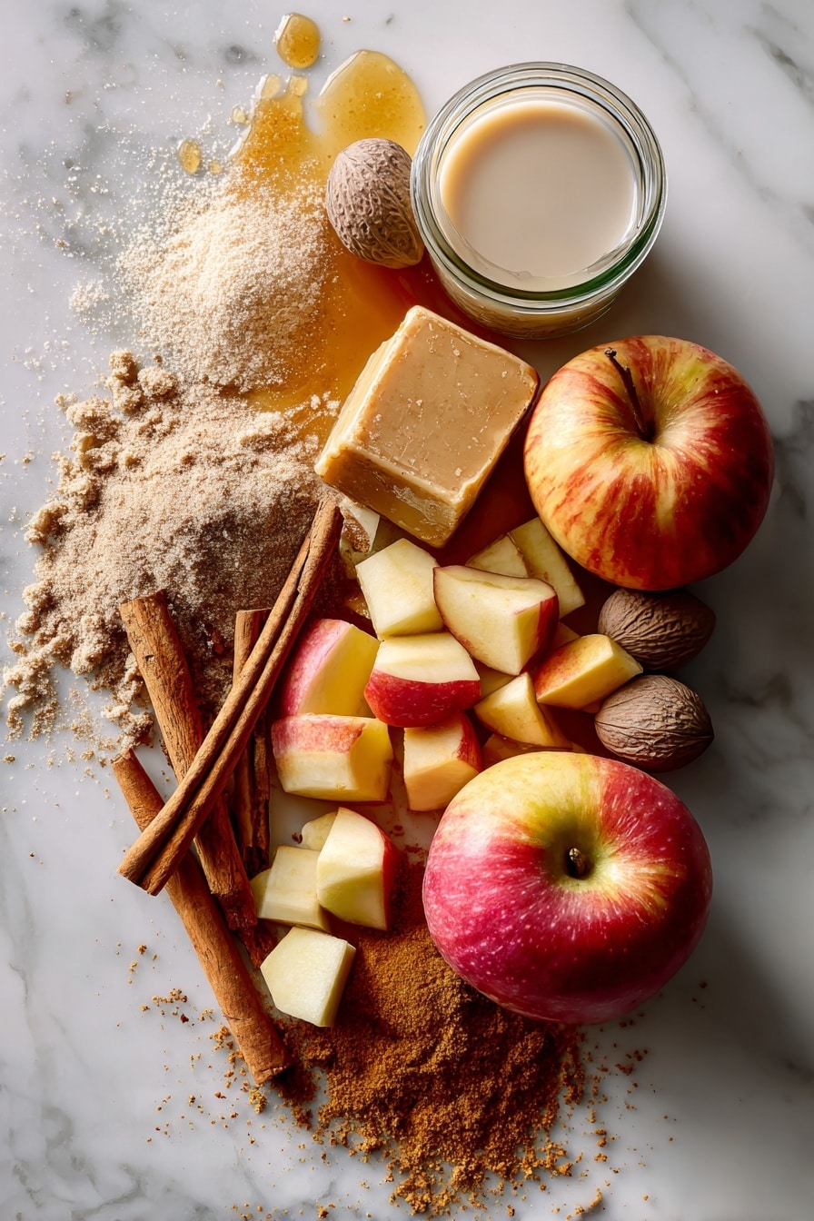 Flat lay of a large honeycrisp apple, peeled and chopped with its glossy red and yellow skin pieces scattered, a small pool of golden apple cider shining beside it, smooth light brown butter blocks with soft creamy texture, a pile of light brown sugar with coarse grains, a few whole cinnamon sticks with rough bark, a heap of fine ground cinnamon dust in warm reddish-brown tones, nutmeg seeds showing their wrinkled brown shells, and a glass of creamy milk with a slight reflection, all beautifully arranged in a natural, slightly scattered way to showcase their fresh textures and rich colors, placed on white marbled surface, photo taken with an iphone --ar 2:3 --v 7 - Apple Cider Donut Cake with Brown Butter and Cinnamon Sugar, Fall dessert recipes, Cozy apple spice cake, Homemade apple cider cake, Easy seasonal cake recipes
