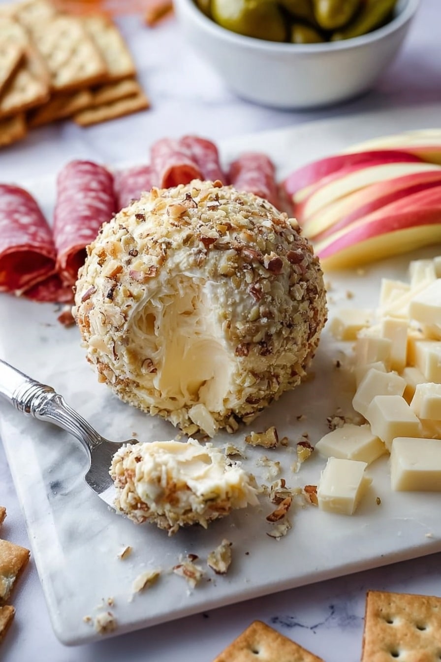 A round cheese ball covered with crushed nuts sits near the center of a white plate with a white marbled texture. Part of the cheese ball is spread onto a small silver butter knife resting on the plate, showing creamy inside with a pale yellow color. To the lower left, there are rolled slices of pink cured meat with red edges. On the right side, there are two rows of off-white sliced cheese; one row has slices stacked neatly, and the other has a few pieces crumbled. On the top right, there are thin apple slices with pink and light yellow colors. In the background, a bowl of green pickles and square beige crackers are arranged on the white marbled surface. Photo taken with an iphone --ar 2:3 --v 7 - Butternut Squash Cheeseball and Holiday Cheese Board, fall cheese ball recipe, festive appetizer cheese board, holiday cheese platter, cozy cheese ball recipe