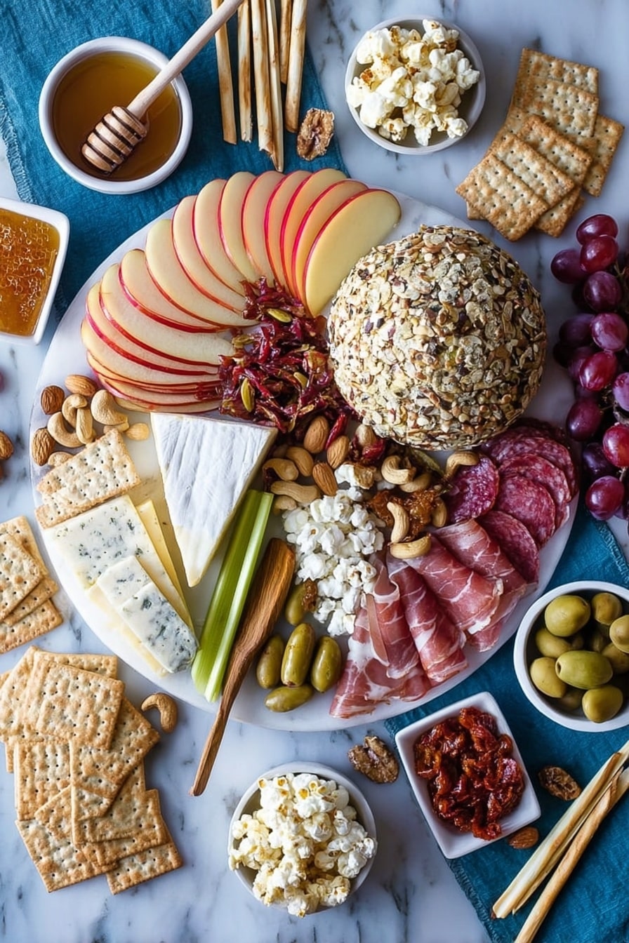 A large white round plate sits in the center on a white marbled surface, holding a round ball of cheese covered in nuts with a knife holding a small scoop of it. To the left of the cheese ball is a triangular piece of honeycomb with honey dripping, next to a wooden honey dipper. Around the plate are neat stacks of square light-colored crackers, thin slices of red and white apple arranged in a fan, and assorted slices of pink and red cured meats. Several small white bowls hold green and black olives, small pickles, popcorn, mustard, and a red spread. There are clusters of red grapes spread evenly around, along with thin breadsticks coated in seeds, cashew nuts, sticks of yellow and purple vegetables, and shavings and slices of white cheese. The whole spread is set on a smooth blue cloth. Photo taken with an iphone --ar 2:3 --v 7 - Butternut Squash Cheeseball and Holiday Cheese Board, fall cheese ball recipe, festive appetizer cheese board, holiday cheese platter, cozy cheese ball recipe