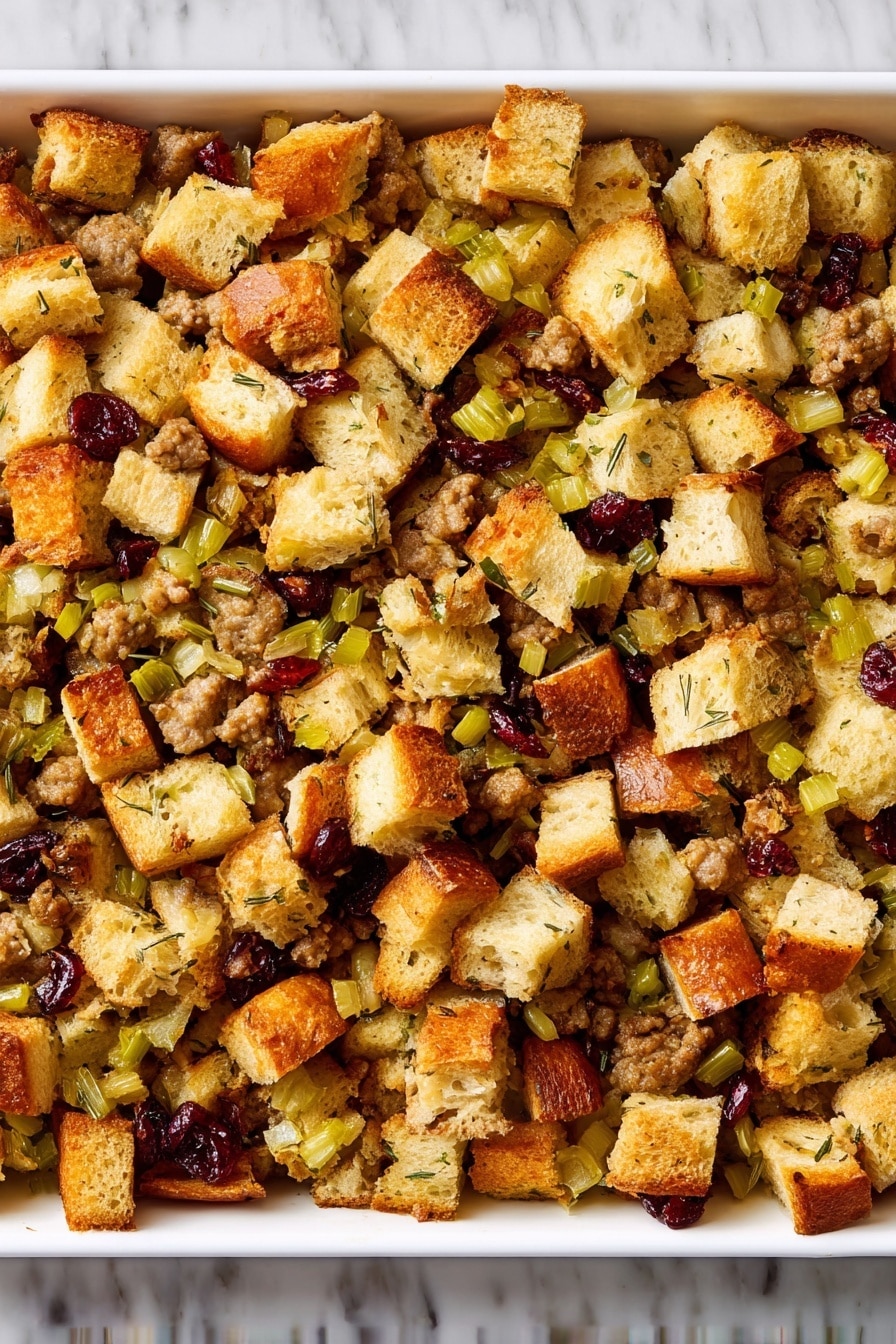 The image shows a close-up of a white tray filled with a mixture of cubed toasted bread pieces that are golden brown and light tan. Among the bread cubes are small cooked sausage pieces that are brown and slightly crispy. There are finely chopped celery bits that add green color and dried cranberries scattered throughout adding small pops of dark red. The mixture has a rustic, textured look with bits of herbs sprinkled throughout, creating a homey, freshly cooked appearance. The tray is placed on a white marbled surface. photo taken with an iphone --ar 2:3 --v 7 - Sausage Cranberry Stuffing, Thanksgiving stuffing with sausage and cranberries, savory holiday stuffing recipe, easy festive stuffing recipe, flavorful stuffing ideas