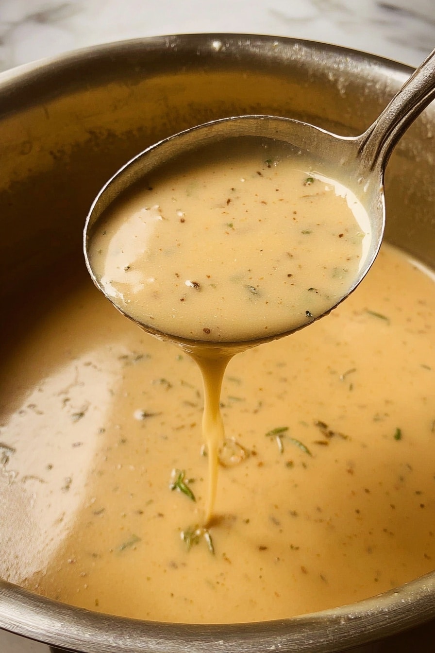 A mound of creamy white mashed potatoes with a soft, fluffy texture fills a white plate, topped with a thick, golden brown gravy that is being poured from a white sauce boat above. The gravy has small flecks of herbs and spices visible throughout, slowly flowing over the rounded peaks of the mashed potatoes, creating a glossy and rich coating. The background features a white marbled texture, enhancing the warm, comforting look of the dish. Photo taken with an iphone --ar 2:3 --v 7 - Perfect Turkey Gravy, turkey gravy recipe, homemade turkey gravy, Thanksgiving gravy, savory turkey gravy