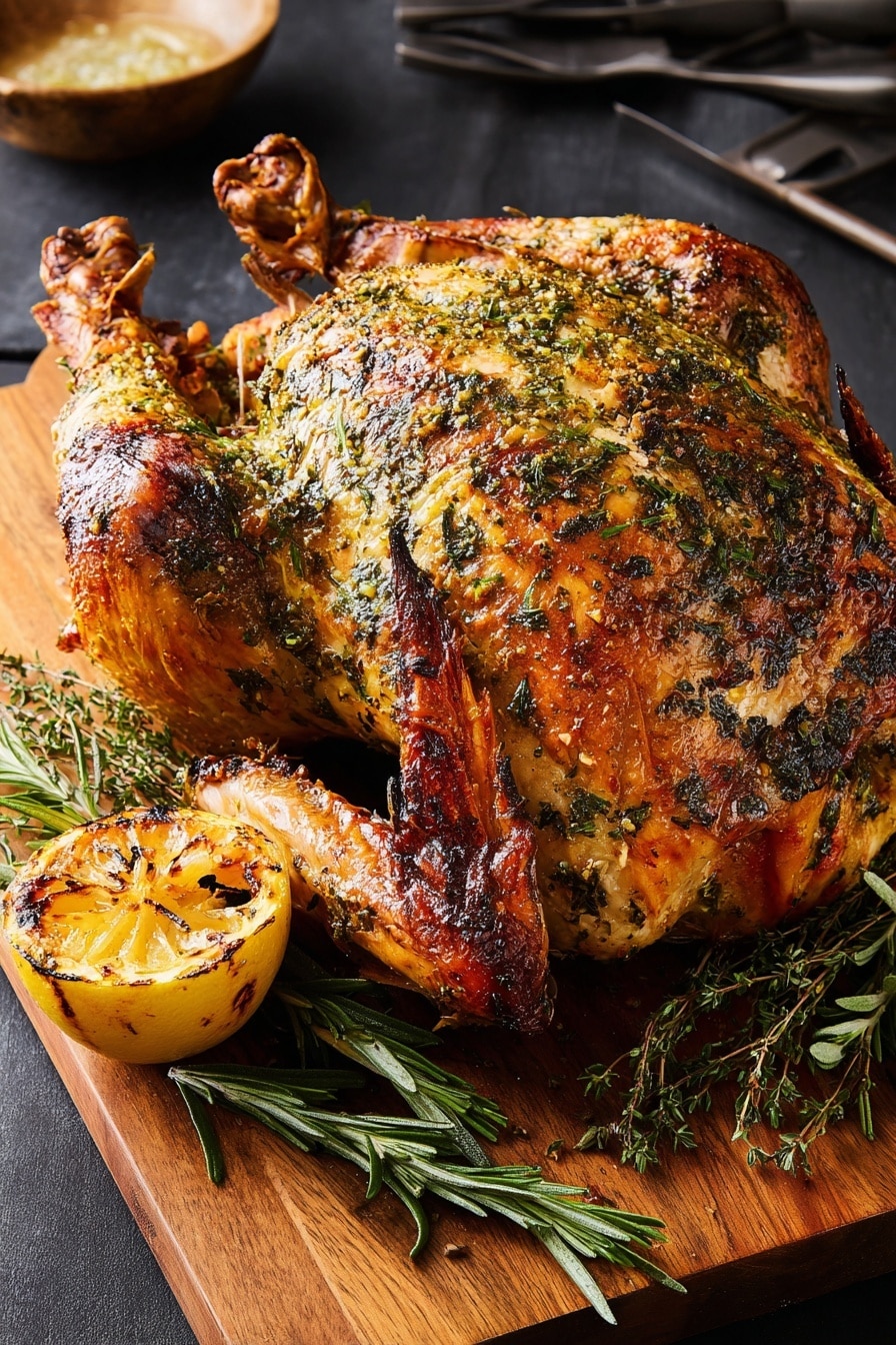 A whole roasted chicken with golden-brown crispy skin covered with green herb seasoning sits on a wooden board. The chicken’s wings and legs are browned and slightly charred, adding texture and color contrast. Next to the chicken, there is a grilled lemon half, its yellow surface marked with grill lines and a bunch of fresh green rosemary sprigs placed around the chicken on the board. The background is a dark surface with some kitchen utensils partially visible, but the focus is fully on the roasted chicken. photo taken with an iphone --ar 2:3 --v 7 - Grilled Herb-Butter Turkey, herb-butter turkey, grilled turkey recipe, juicy turkey on grill, flavorful turkey centerpiece