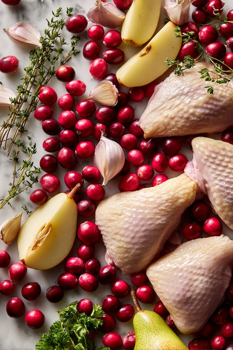 Flat lay of bright red fresh cranberries with their smooth, shiny skins, juicy crisp Honeycrisp apple wedges showcasing their pale yellow flesh and red blush, golden brown shallot slices with delicate rings, peeled garlic cloves with a slightly rough texture, vibrant green sprigs of fresh thyme leaves scattered naturally, fresh parsley leaves with rich green color and ruffled edges, and bone-in, skin-on raw chicken thighs showing pale pink meat with creamy yellow skin, all arranged beautifully with natural spacing and soft shadows, placed on white marbled surface, photo taken with an iphone --ar 2:3 --v 7 - Apple & Cranberry Roasted Chicken, roasted chicken with apples and cranberries, holiday roasted chicken recipe, easy fall chicken dinner, juicy roasted chicken with fruit