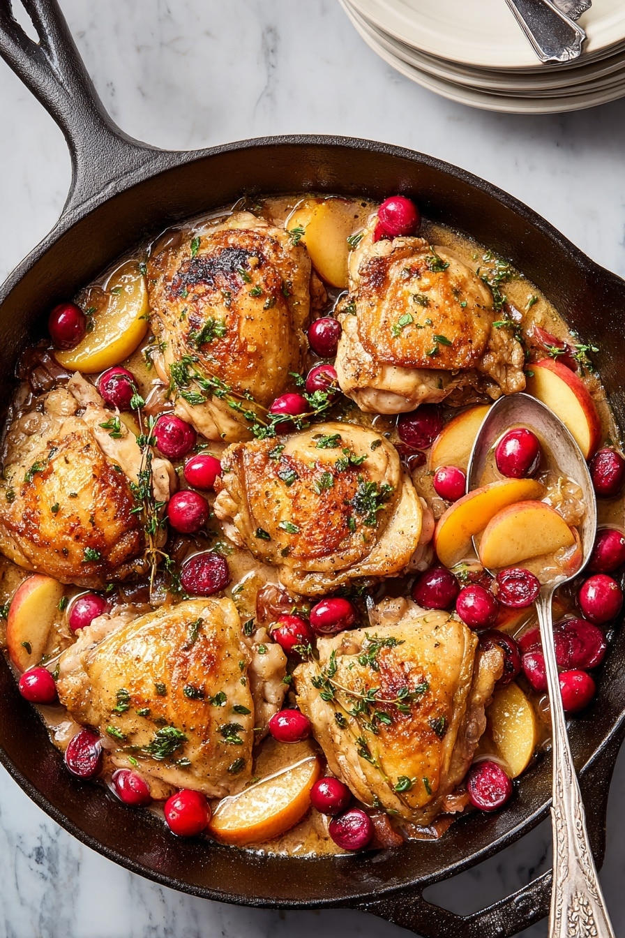 On a white plate, there is one thick, golden-brown cooked chicken thigh with black pepper and small green herb leaves on top, positioned on the right side. To the left, a mix of glossy red cranberries, caramelized light brown onion slices, and slightly soft, warm brown apple wedges sits in a brown sauce with visible black pepper bits and green herb sprigs scattered throughout. A fork on the bottom right holds a small piece of the cooked chicken meat, showing a light beige color inside. The background is a white marbled texture. photo taken with an iphone --ar 2:3 --v 7 - Apple & Cranberry Roasted Chicken, roasted chicken with apples and cranberries, holiday roasted chicken recipe, easy fall chicken dinner, juicy roasted chicken with fruit