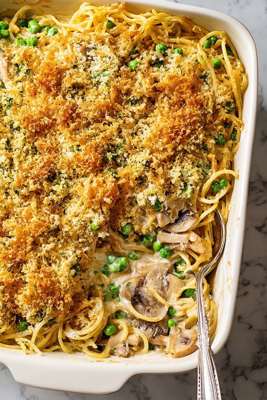 This image shows a close-up of a baked pasta dish in a white baking dish with a blue outer side. The bottom layer is creamy, light beige pasta noodles mixed with small pieces of white chicken and bright green peas scattered throughout. On top, there is a crumbly golden brown layer that looks crispy and crunchy. A silver spoon lifts a portion, showing the creamy pasta noodles wrapped around it, with a piece of chicken and some crumbs. The dish is set on a white marbled surface. Photo taken with an iphone --ar 2:3 --v 7 - Thanksgiving Turkey Tetrazzini, Turkey Tetrazzini with leftovers, creamy turkey pasta casserole, holiday turkey leftovers recipe, cozy comfort food recipes