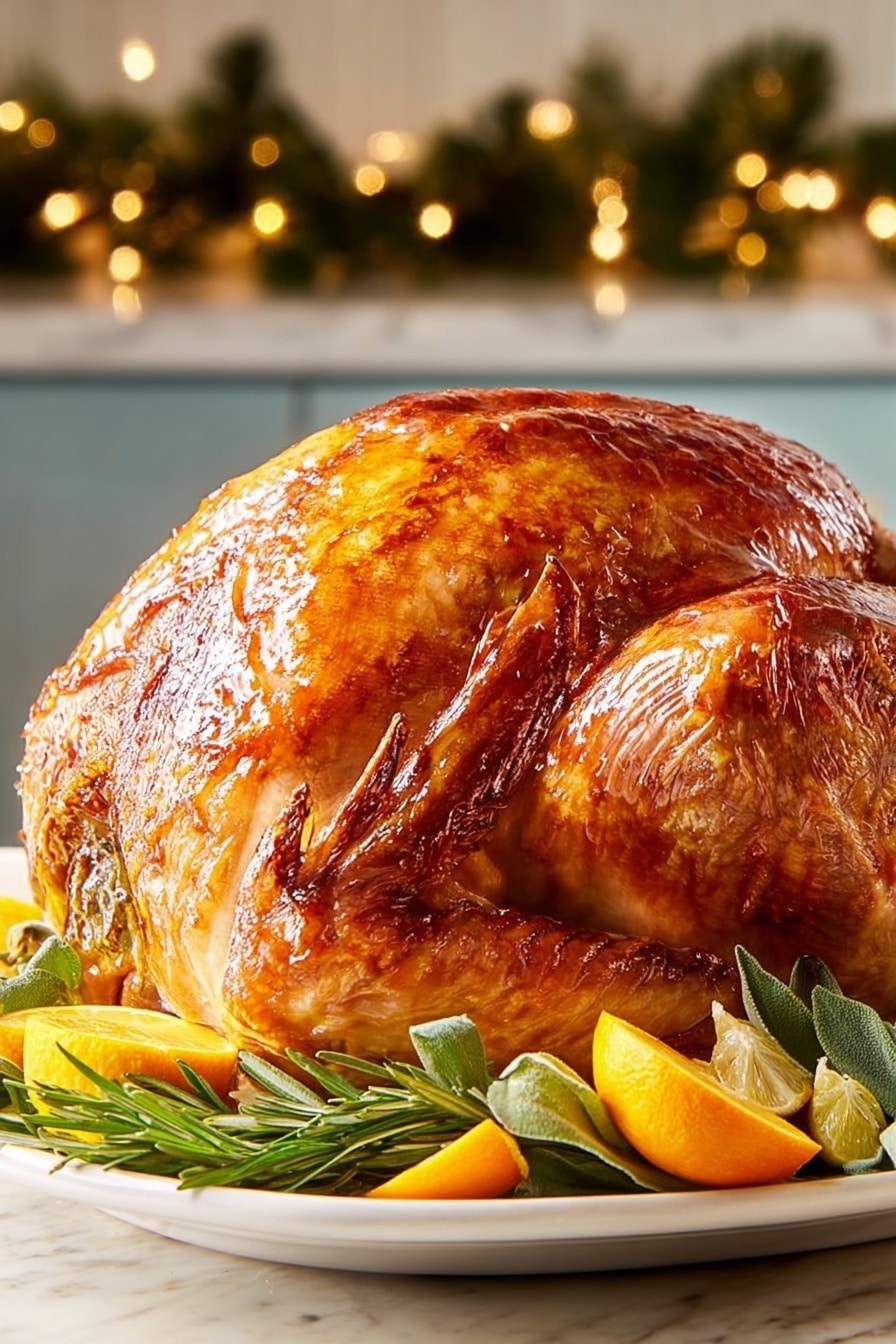 The image shows a whole roasted turkey with a shiny, golden-brown skin that looks crispy and slightly textured. The turkey is placed in the center of a white plate. Around the base of the turkey, there are fresh green herbs, likely rosemary and sage, along with slices of bright yellow lemon and orange wedges, adding color contrast. The background has a soft focus with warm lights shining, sitting on a white marbled surface. The photo taken with an iphone --ar 2:3 --v 7 - Turkey Brine, juicy turkey brine, flavorful turkey marinade, turkey brining tips, homemade turkey marinade
