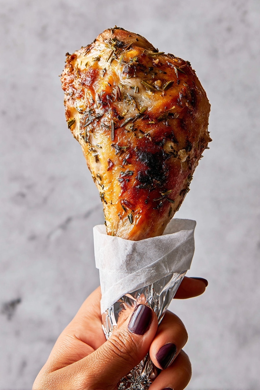 A close-up view of a single roasted drumstick held by a woman's hand with dark polished nails, wrapped at the bottom in a shiny aluminum foil and white paper. The drumstick has a golden-brown crispy skin with herbs and charred spots, showing a mix of light tan and deep caramel colors with a slightly textured surface. The background is a white marbled texture. photo taken with an iphone --ar 2:3 --v 7 - Roasted Herb-Seasoned Turkey Leg, savory turkey leg recipes, juicy roasted turkey, herb-infused turkey leg, crispy skin turkey thigh