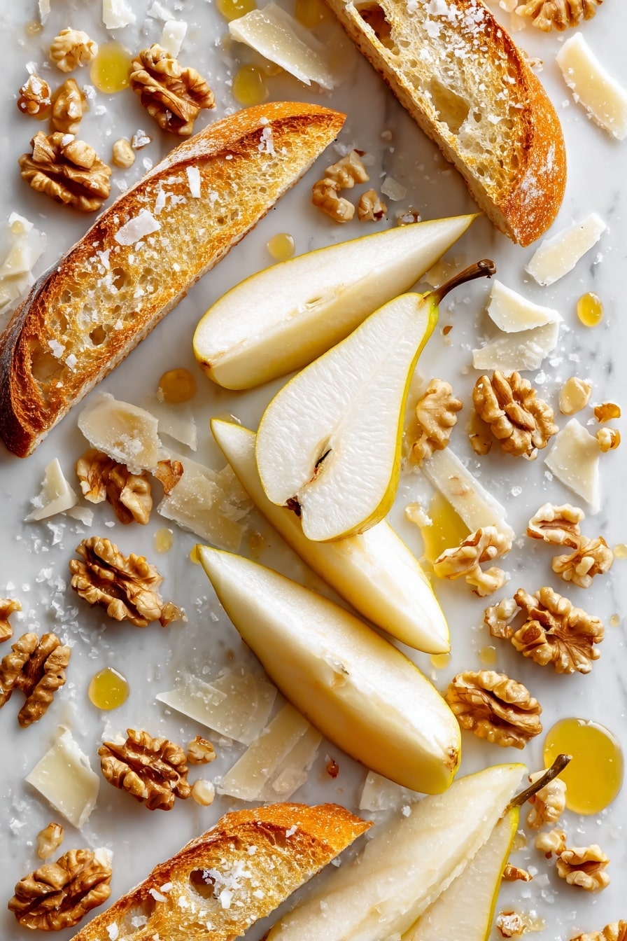 Flat lay of thinly sliced Bartlett pears with smooth pale yellow skin, rough-textured toasted walnut halves and pieces in warm brown tones, finely grated snowy white Parmigiano Reggiano cheese scattered in small piles, slices of golden French baguette showing soft crumb and crusty edges, small glistening drops of amber hot honey, and delicate flaky sea salt crystals sparkling softly, all beautifully arranged in an inviting natural spread to highlight texture and color contrasts, placed on white marbled surface, photo taken with an iphone --ar 2:3 --v 7 - Parmesan Crusted Crostini with Pear, Walnuts & Hot Honey, pear crostini appetizer, savory sweet crostini, easy elegant appetizer, crunchy cheese crostini