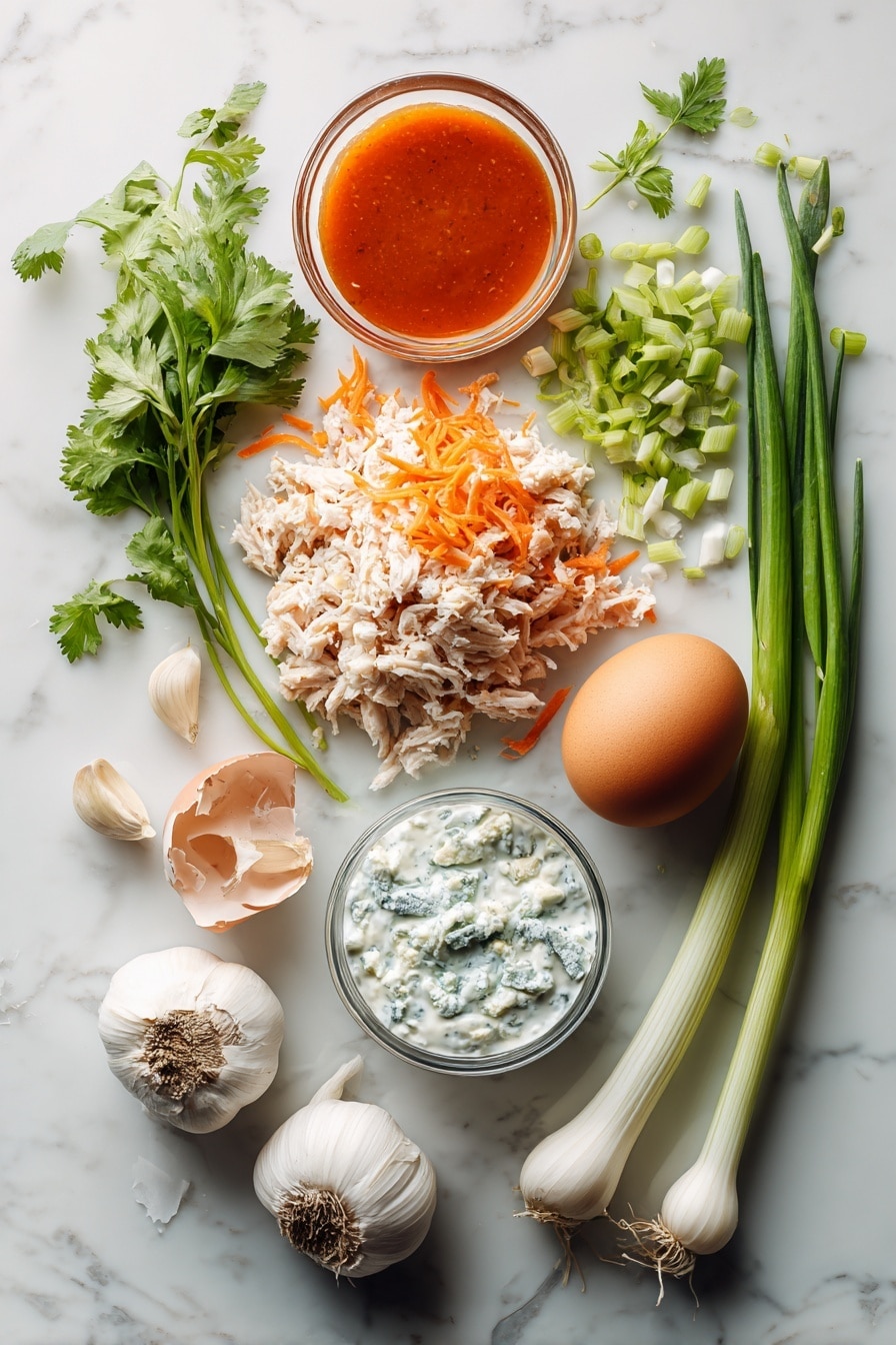 Flat lay of fresh ground chicken with its pale pink texture, bright orange shredded carrot strands, vibrant green cilantro sprigs, finely chopped green onions showing crisp white and green parts, two peeled garlic cloves with smooth white surfaces, a small glass bowl of rich reddish-orange buffalo sauce, a cracked brown egg with the yolk exposed, and creamy white bleu cheese yogurt dip with flecks of blue cheese crumbles, all beautifully arranged in a natural, slightly scattered pattern, placed on white marbled surface, photo taken with an iphone --ar 2:3 --v 7 - Buffalo Chicken Meatballs with Bleu Cheese Yogurt Dip, spicy buffalo chicken meatballs, chicken appetizer recipes, game day snacks, easy party appetizers