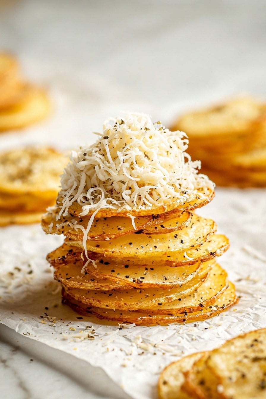 The image shows several small stacks of thin potato slices arranged in cone shapes, each stack about 6-7 layers high. The potatoes are golden brown with crispy edges and topped with melted cheese and chopped green herbs. The stacks sit on white parchment paper on a light wooden tray. Grated cheese has melted and browned around the base of each pile, creating crispy orange edges. Some green parsley leaves and coarse salt are scattered around the tray. The background has a white marbled texture with a blurred wooden bowl and door in warm tones. photo taken with an iphone --ar 2:3 --v 7 - Crispy Cacio e Pepe Roasted Potato Stacks, cheesy potato stacks, crispy potato side dish, baked potato appetizer, flavorful potato recipe