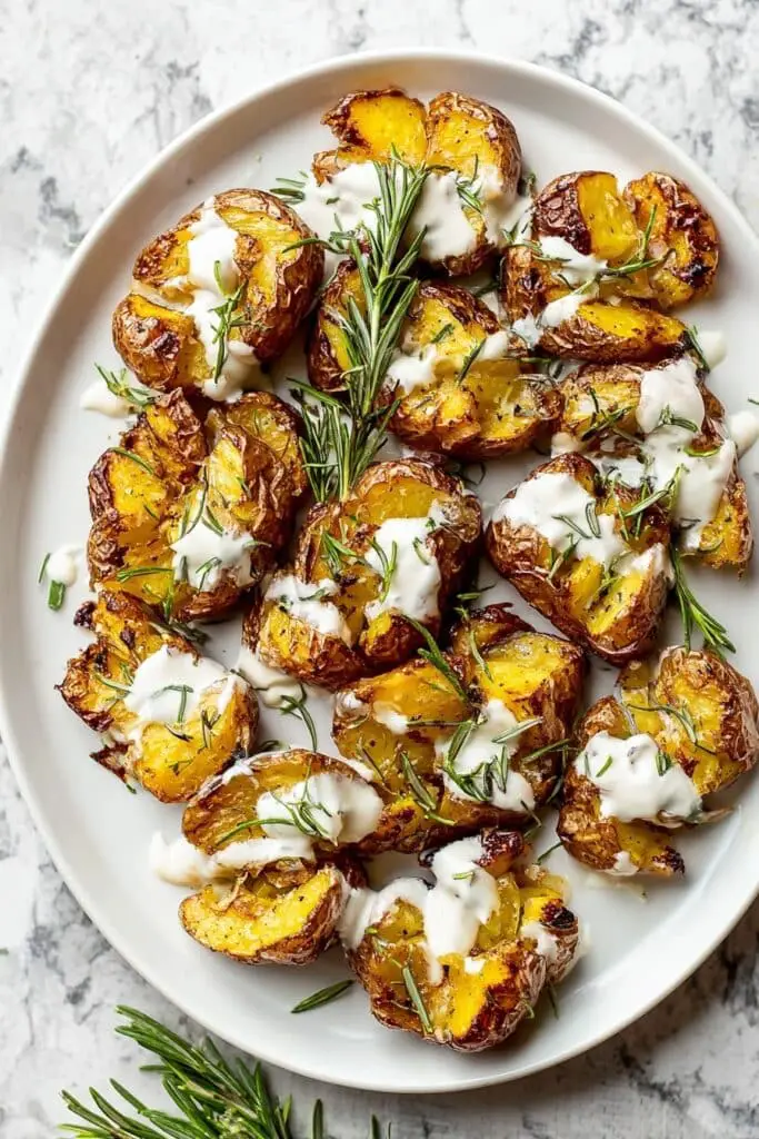Crispy Smashed Potatoes with Garlic Feta Dipping Sauce Recipe