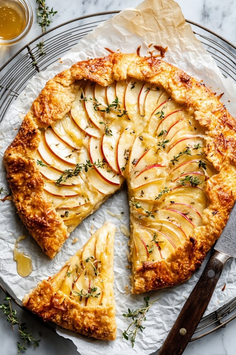 A white plate holds a slice of tart with three visible layers: the bottom is a thick, pale dough crust, the middle layer is creamy white, topped with thin, slightly browned slices of apples arranged in a fan shape, and a golden melted cheese layer with small herbs scattered on top; there is a drizzle of honey pouring down from a wooden dipper onto the tart slice; a few fresh green arugula leaves lie beside the tart on the plate; the background features a white marbled texture with scattered herbs and crumbs visible around the plate photo taken with an iphone --ar 2:3 --v 7 - Apple Cheddar Galette with Honey and Thyme, delicious apple galette recipes, easy rustic fruit tart, homemade apple savory tart, cozy fall dessert ideas