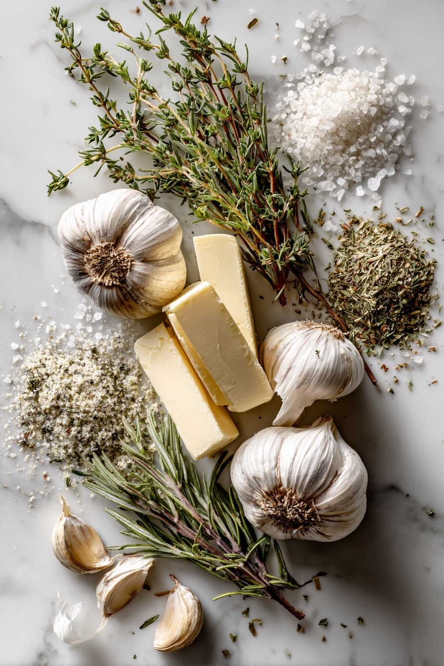 Flat lay of fresh garlic cloves with papery white skins and smooth, creamy interiors, sticks of salted butter with a rich pale yellow color and soft texture, dried rosemary with needle-like greenish-gray leaves, dried oregano showing small, curled gray-green leaves, dried thyme featuring tiny, delicate green leaves, and flaky sea salt crystals sparkling subtly, all beautifully arranged in small piles and scattered loosely, placed on white marbled surface, photo taken with an iphone --ar 2:3 --v 7 - Herby Rhodes Rolls, easy herb bread, fluffy herb rolls, buttery herb dinner rolls, homemade herbed bread