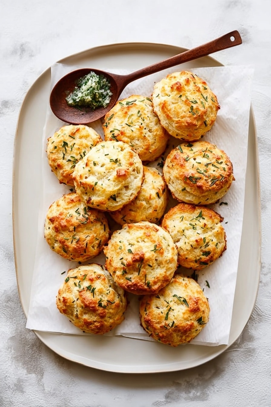 There is one white rectangular plate on a white marbled texture surface. On the plate, there are ten golden brown baked scones that look soft and fluffy with a slightly rough, crumbly texture on top. Each scone is sprinkled with small bits of green herbs. A wooden spoon with a dark brown handle rests on the top edge of the plate, holding a green herb spread. The plate has two pieces of white parchment paper under the scones for decoration. photo taken with an iphone --ar 2:3 --v 7 - Red Lobster Cheddar Bay Biscuits, Cheddar Bay Biscuits recipe, homemade Cheddar Bay biscuits, cheesy garlic biscuits, flaky buttery biscuits