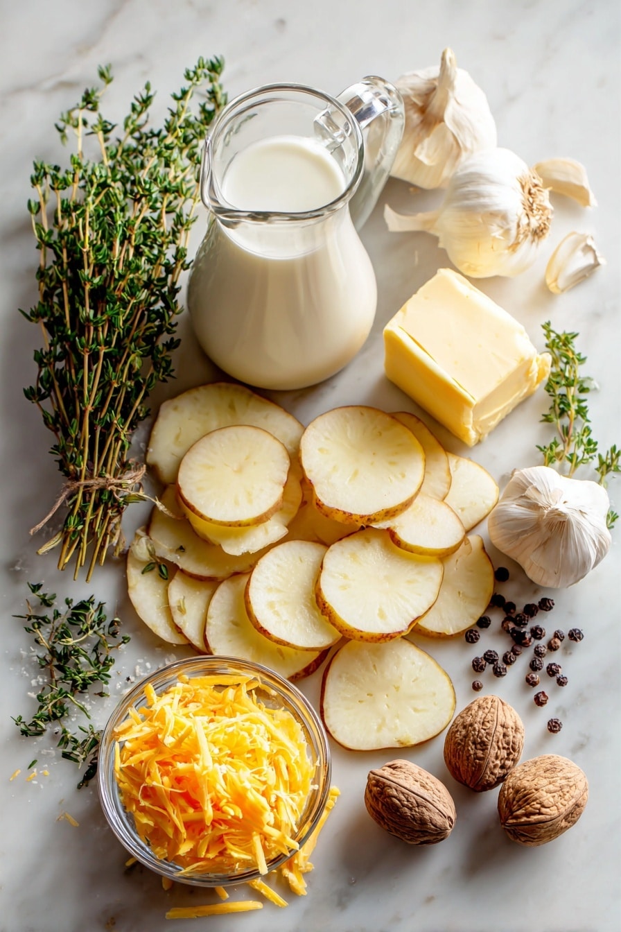 Flat lay of peeled russet potatoes sliced into thin rounds with their creamy off-white flesh and light brown skins, whole salted butter cut into neat pale yellow chunks, fresh garlic cloves with smooth white and slightly papery skins, sprigs of vibrant green fresh thyme with delicate leaves, a small mound of finely grated sharp cheddar cheese in a bright orange-yellow hue showing its soft texture, a glass jug of whole milk with a creamy white color, whole nutmeg with its rough brown textured shell, and black peppercorns scattered around displaying their deep black tones, all beautifully arranged in a natural, slightly overlapping way to highlight their freshness and colors, placed on white marbled surface, photo taken with an iphone --ar 2:3 --v 7 - Scalloped Potatoes, creamy scalloped potatoes, cheesy scalloped potatoes, easy scalloped potato recipe, comforting potato side dish