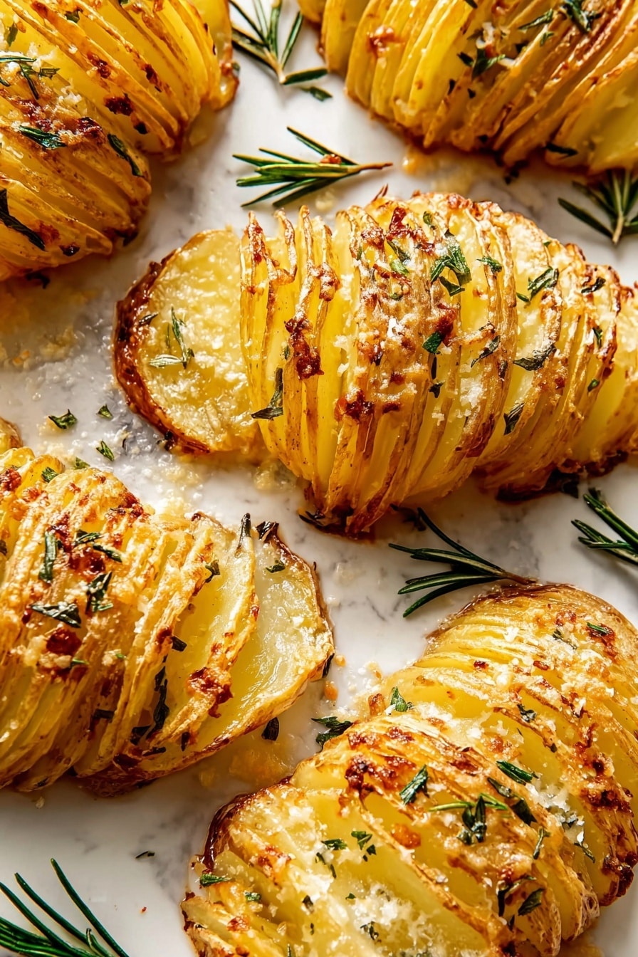 The image shows six baked Hasselback potatoes on a white plate, each sliced thinly almost all the way through to create many thin layers. The potatoes have a crispy golden-brown surface with some darker browned edges. They are sprinkled with small green herb bits and small granules that look like garlic or salt. A silver fork with a white handle rests on the right side of the plate. The plate is set on a white marbled surface. Photo taken with an iphone --ar 2:3 --v 7 - Hasselback Potatoes with Herb Butter and Parmesan, Hasselback Potatoes, Herb Butter Potatoes, Parmesan Roasted Potatoes, Easy Side Dishes