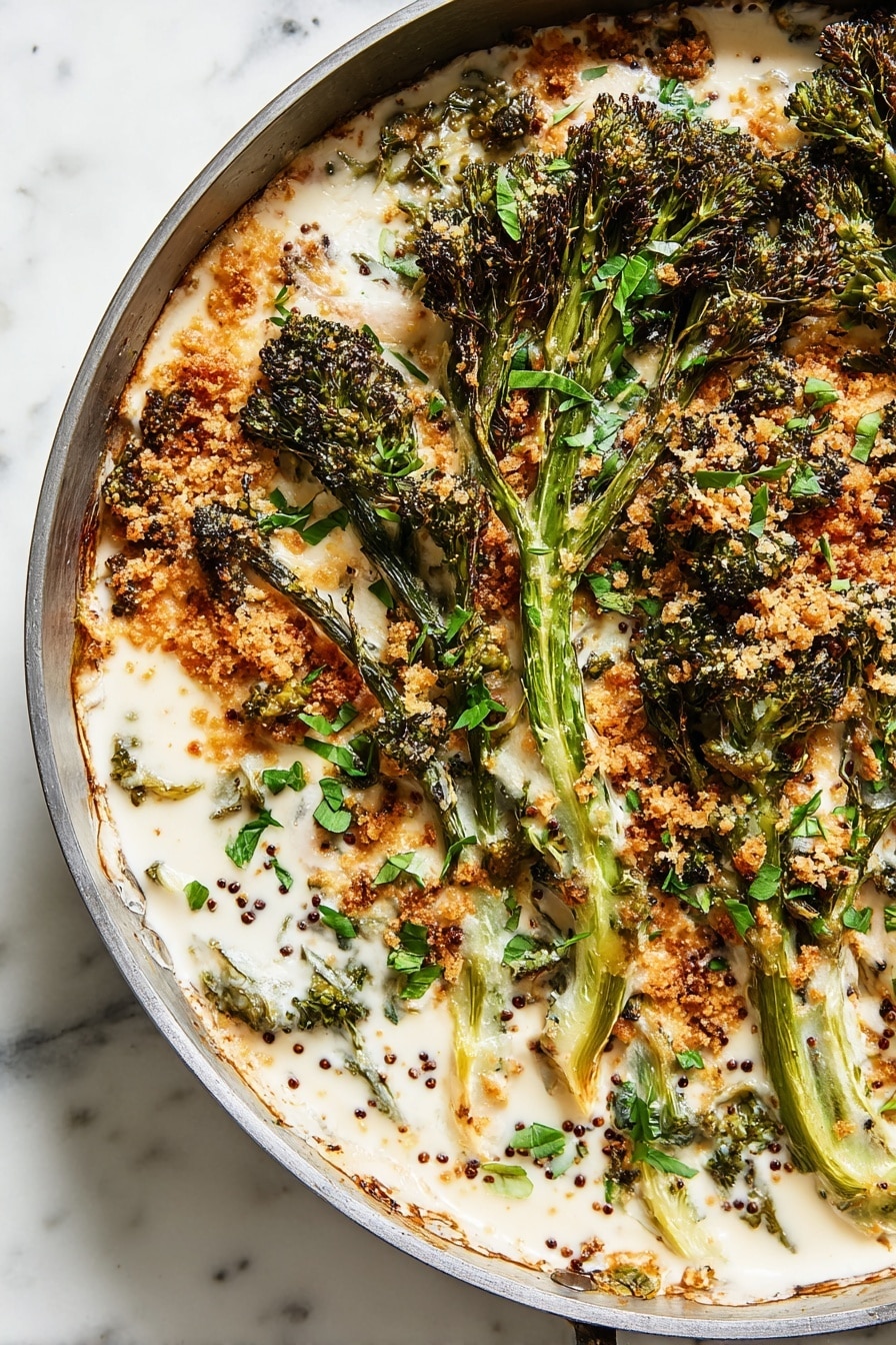 The dish is served in a shiny metal oval pan with two handles, placed on a white marbled surface. It has about three layers: the bottom and middle layers are creamy and thick with light beige sauce mixed with soft light green stems and broccoli florets that have a slightly dark, roasted look. The top layer is crispy, golden brown breadcrumbs scattered unevenly with small bits of fresh green parsley sprinkled over. The overall look is creamy with crunchy hints and a mixture of light brown, beige, green, and cream colors. Two glasses of red drink sit nearby. Photo taken with an iphone --ar 2:3 --v 7 - Broccolini au Gratin, broccolini baked with cheese, cheesy broccolini gratin, creamy broccolini side dish, easy broccolini recipe