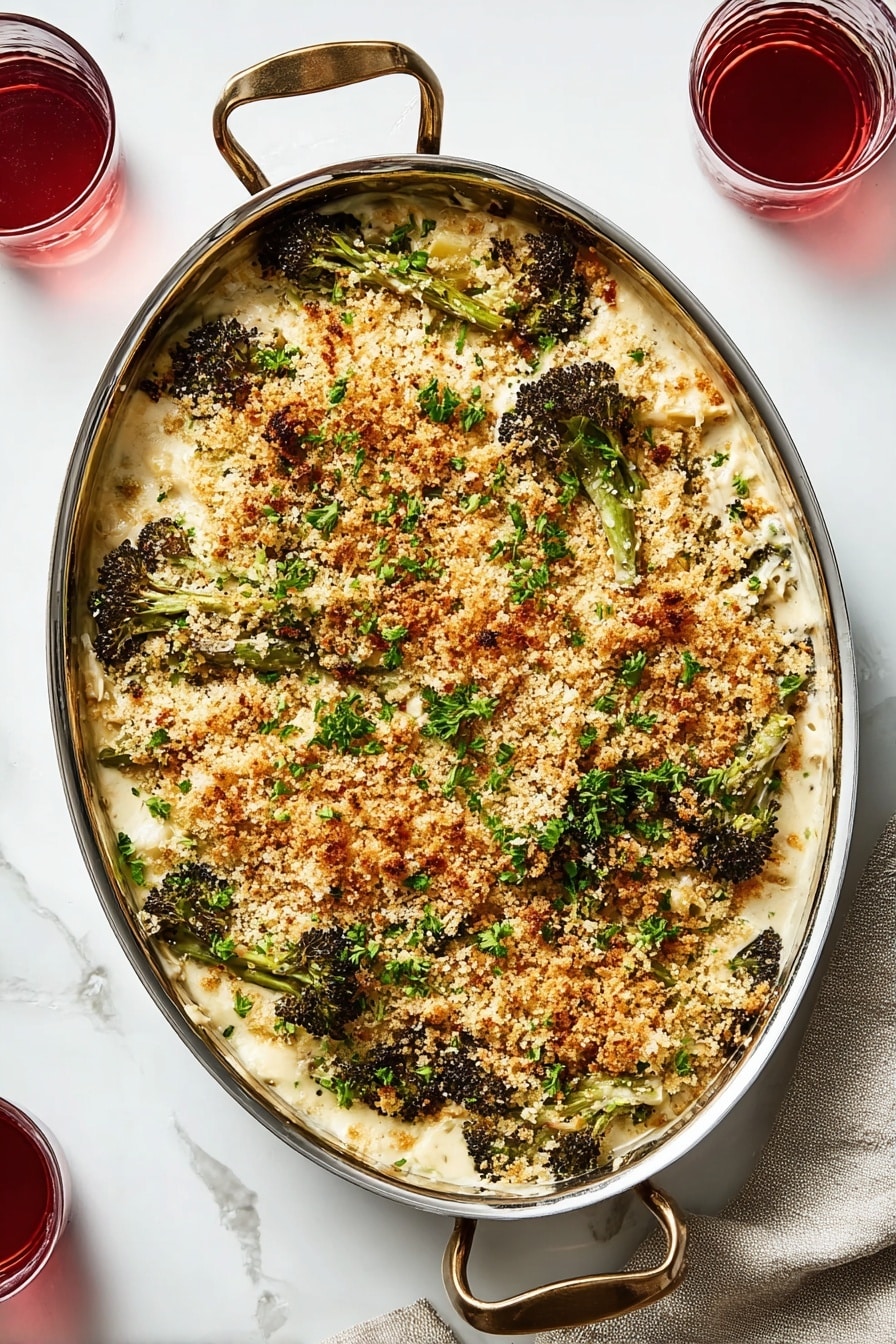 A large oval silver pan holds a creamy vegetable gratin with about three layers visible: a base layer of a thick, pale cream sauce with bits of herbs and small pieces, a middle layer with tender green broccolini with charred tips spread on top, and a top layer of golden toasted breadcrumbs sprinkled with fresh chopped green herbs. A silver spoon rests inside the dish showing some sauce and broccolini, placed on a white marbled surface, with part of two white plates and glasses of red wine visible around it. photo taken with an iphone --ar 2:3 --v 7 - Broccolini au Gratin, broccolini baked with cheese, cheesy broccolini gratin, creamy broccolini side dish, easy broccolini recipe