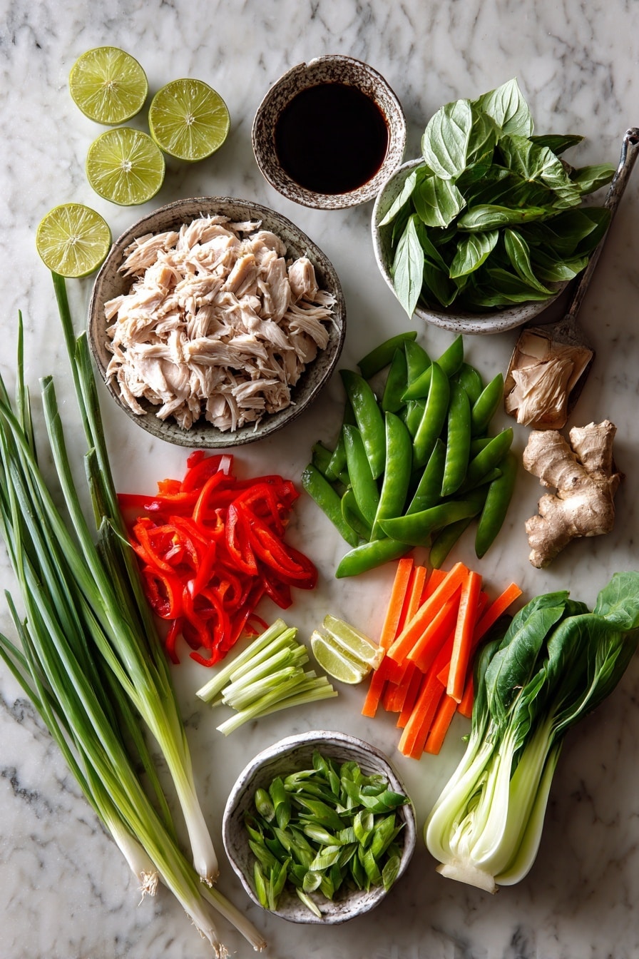Flat lay of two to three cups of chopped cooked turkey, a handful of bright red thinly sliced bell pepper strips, about a cup of fresh snow peas, a small pile of matchstick carrots from one large carrot, two baby bok choy separated into white stalks and leafy greens, four green onions with white and green parts separated, a few thin slices of red bird’s eye chilies, four garlic cloves minced, a fresh ginger knob cut into thin matchsticks, and a small bunch of Thai basil leaves, all arranged around a small bowl of lime wedges and a small dish of glossy sauce, placed on a white marble surface, photo taken with an iphone --ar 2:3 --v 7 - Leftover Turkey Stir Fry with Thai Basil and Veggies, turkey leftover stir fry, easy turkey stir fry recipe, Thai basil stir fry, quick leftover turkey meal