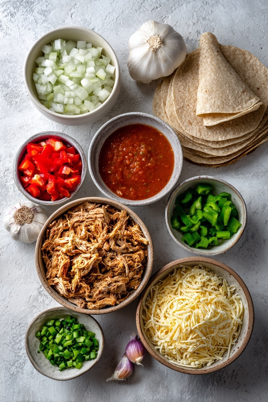 Flat lay of a small diced white onion, a diced red bell pepper, a diced green bell pepper, two whole garlic cloves, a generous pile of shredded turkey meat, a small bowl of red enchilada sauce, six whole-grain tortillas stacked neatly, a small bowl of salsa, a handful of chopped green onions, and a small mound of shredded Mexican cheese blend placed on a white marble surface, photo taken with an iphone --ar 2:3 --v 7 - Healthy Leftover Turkey Enchiladas, turkey enchiladas recipe, healthy turkey dinner ideas, quick turkey leftover recipe, nutritious enchiladas