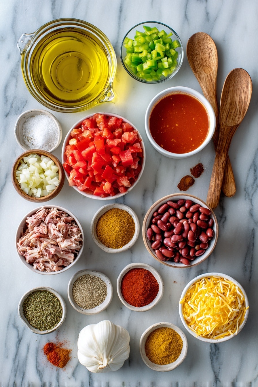 Flat lay of two tablespoons of golden olive oil in a small glass bowl, a small heap of diced sweet yellow onion about the size of a cup, half a cup of diced bright green bell pepper scattered nearby, a small pile of minced fresh garlic cloves just a couple teaspoons, a modest heap of reddish-brown chili seasoning, a small spoonful of granulated sugar, tiny piles of ground cumin, garlic powder, and onion powder arranged neatly, a teaspoon each of kosher salt and black pepper in small wooden spoons, a clear glass cup filled with pale chicken stock, a large bowl filled with crushed vibrant red tomatoes, two medium bowls filled with dark red kidney beans and light brown pinto beans, a bowl of smooth red tomato sauce, a smaller bowl holding diced tomatoes with green chiles, a generous mound of shredded cooked turkey, and a small pile of frozen yellow corn kernels, with a small dish of shredded cheddar cheese and a dollop of sour cream on the side placed on a white marble surface, photo taken with an iphone --ar 2:3 --v 7 - Leftover Turkey Chili, turkey leftover recipes, hearty turkey chili, easy leftover turkey dinner, flavorful turkey chili