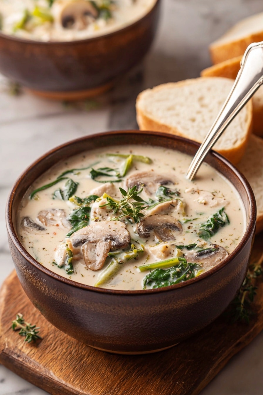 The image shows a round black cast-iron pot filled with creamy soup on a wooden surface. The soup has a light beige base with visible green spinach leaves, thick slices of brown mushrooms, small pieces of what looks like chicken, and black pepper sprinkled on top. Some smaller herbs are scattered over the soup, adding a touch of dark green. The pot handle has