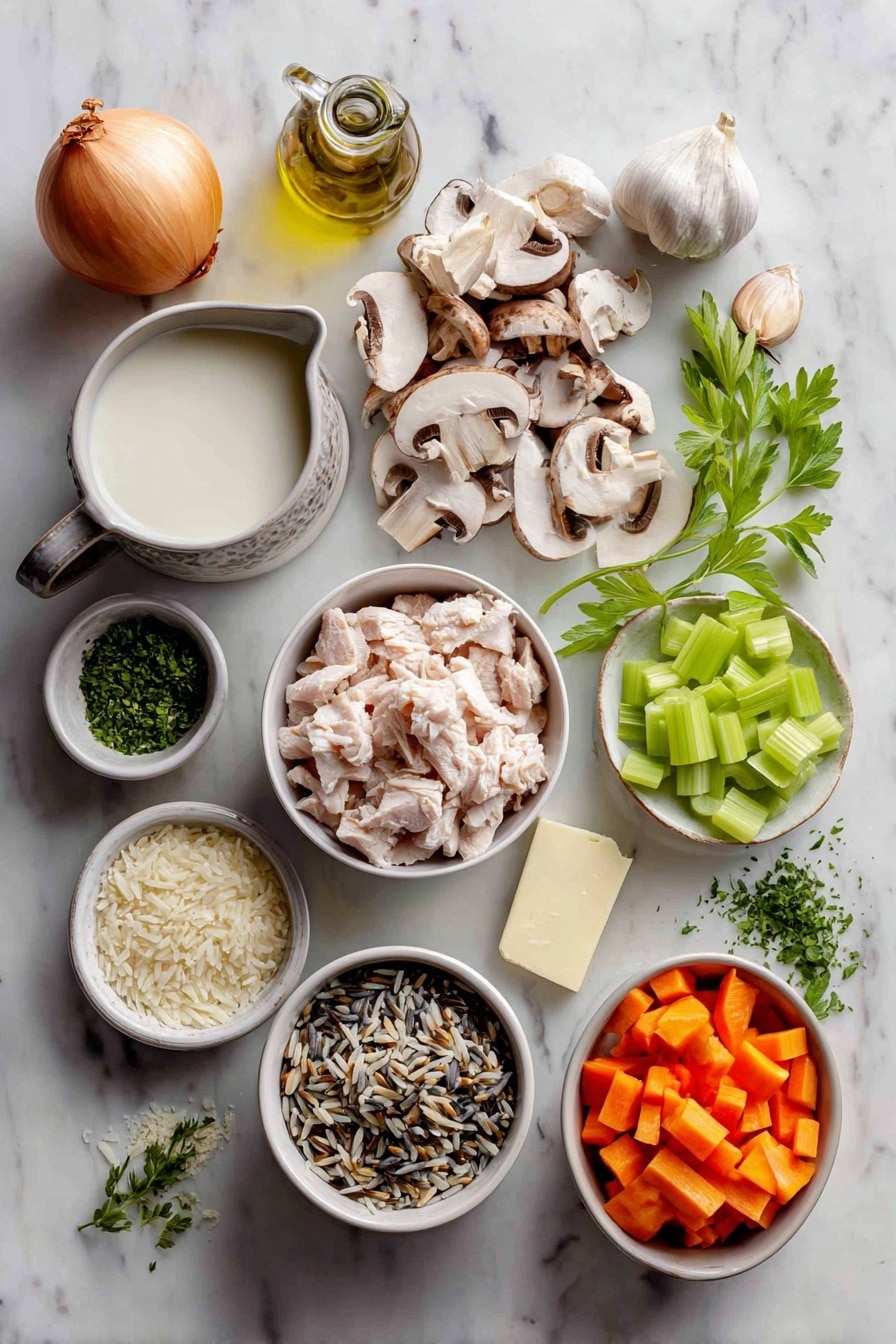 Flat lay of a medium chopped onion, a large garlic clove, a small bowl of sliced mushrooms, a small pile of thinly sliced carrots, a few diced celery pieces, a small bowl of wild rice blend, two cups of diced cooked turkey, a small jug of creamy evaporated milk, a small bottle of olive oil, fresh parsley leaves scattered lightly, and a small pile of grated Parmesan cheese, all placed on a white marble surface, photo taken with an iphone --ar 2:3 --v 7 - Healthy Leftover Turkey Wild Rice Soup with Vegetables, leftover turkey soup, healthy turkey soup recipe, hearty vegetable soup, nourishing turkey leftovers