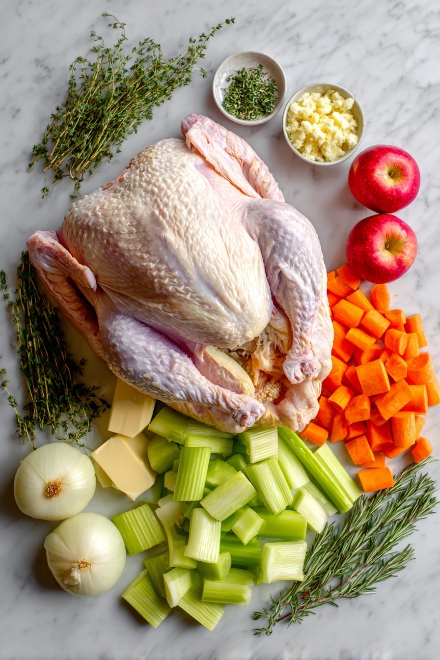 Flat lay of a whole raw spatchcocked turkey with its back removed and breast flattened, surrounded by bright orange coarsely chopped carrots, vibrant green celery sticks, large chunks of golden yellow onion, crisp red apple wedges, fresh thyme sprigs, soft pale yellow butter softened at room temperature, and small piles of minced garlic and chopped rosemary leaves, all placed on a white marble surface, photo taken with an iphone --ar 2:3 --v 7 - Spatchcock Turkey, how to spatchcock turkey, perfect roasted turkey, easy turkey recipe, juicy crispy turkey