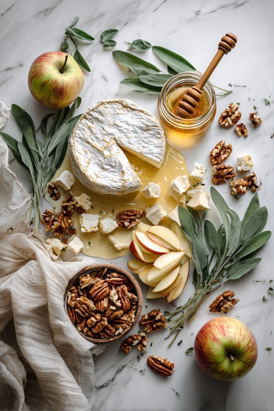 Flat lay of a whole round of creamy Brie cheese, diced peeled Gala apples glistening with honey, a small pile of roughly chopped toasted pecans, a bottle of raw golden honey with a honey dipper, fresh sage leaves scattered gently, a sheet of soft crescent roll dough laid flat, and a beaten egg wash shimmering slightly, all beautifully arranged in an inviting way, placed on a white marble surface, photo taken with an iphone --ar 2:3 --v 7 - Baked Brie En Croute with Caramelized Apples, Pecans, and Honey, baked brie appetizer, festive cheese appetizer, elegant baked brie, easy cheese appetizer