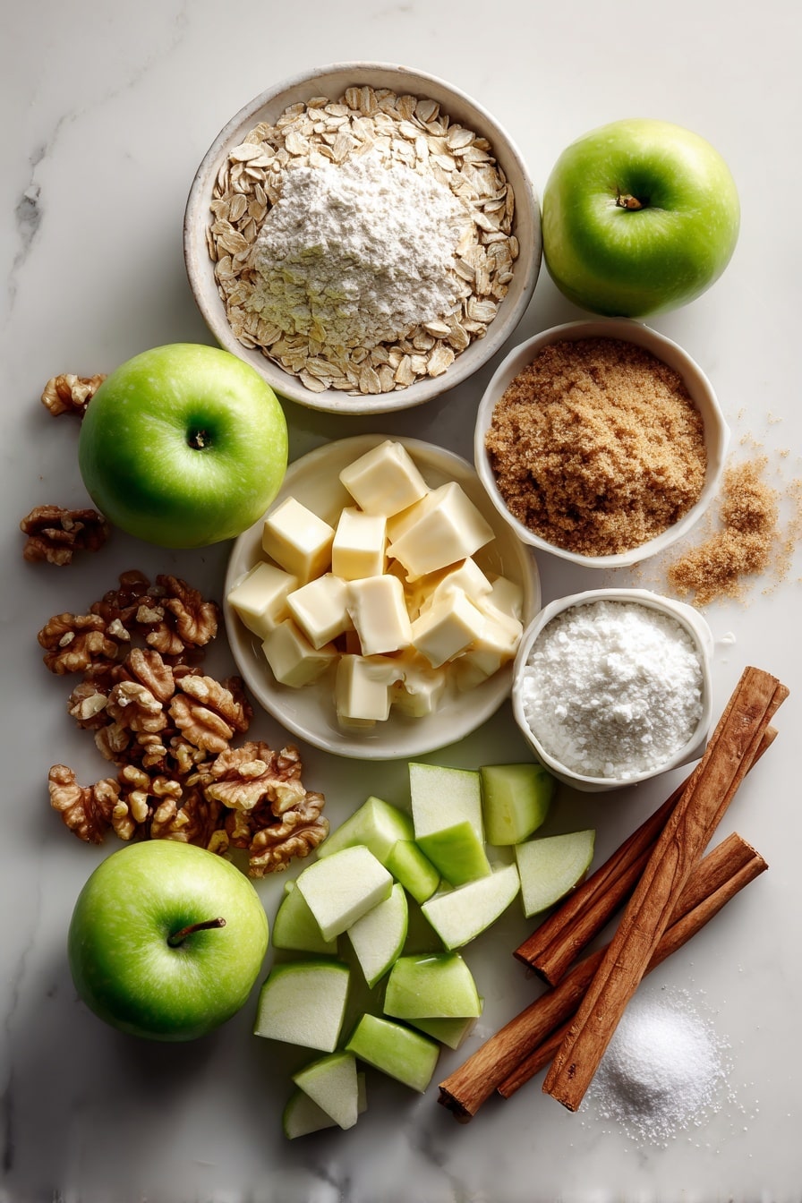 Flat lay of diced Granny Smith apples with bright green skin, white whole wheat flour sprinkled softly, golden rolled oats heaped in small piles, rich brown sugar crystals glistening, warm cinnamon sticks lying alongside a small mound of freshly grated nutmeg, glossy unsalted butter cubes melting slightly, roughly chopped walnuts showing their textured surfaces, and a smooth drizzle of creamy vanilla glaze, all arranged beautifully with natural light highlighting their colors and textures, placed on a white marble surface, photo taken with an iphone --ar 2:3 --v 7 - Apple Coffee Cake, easy apple coffee cake, moist apple coffee cake, homemade apple coffee cake, apple coffee cake with streusel