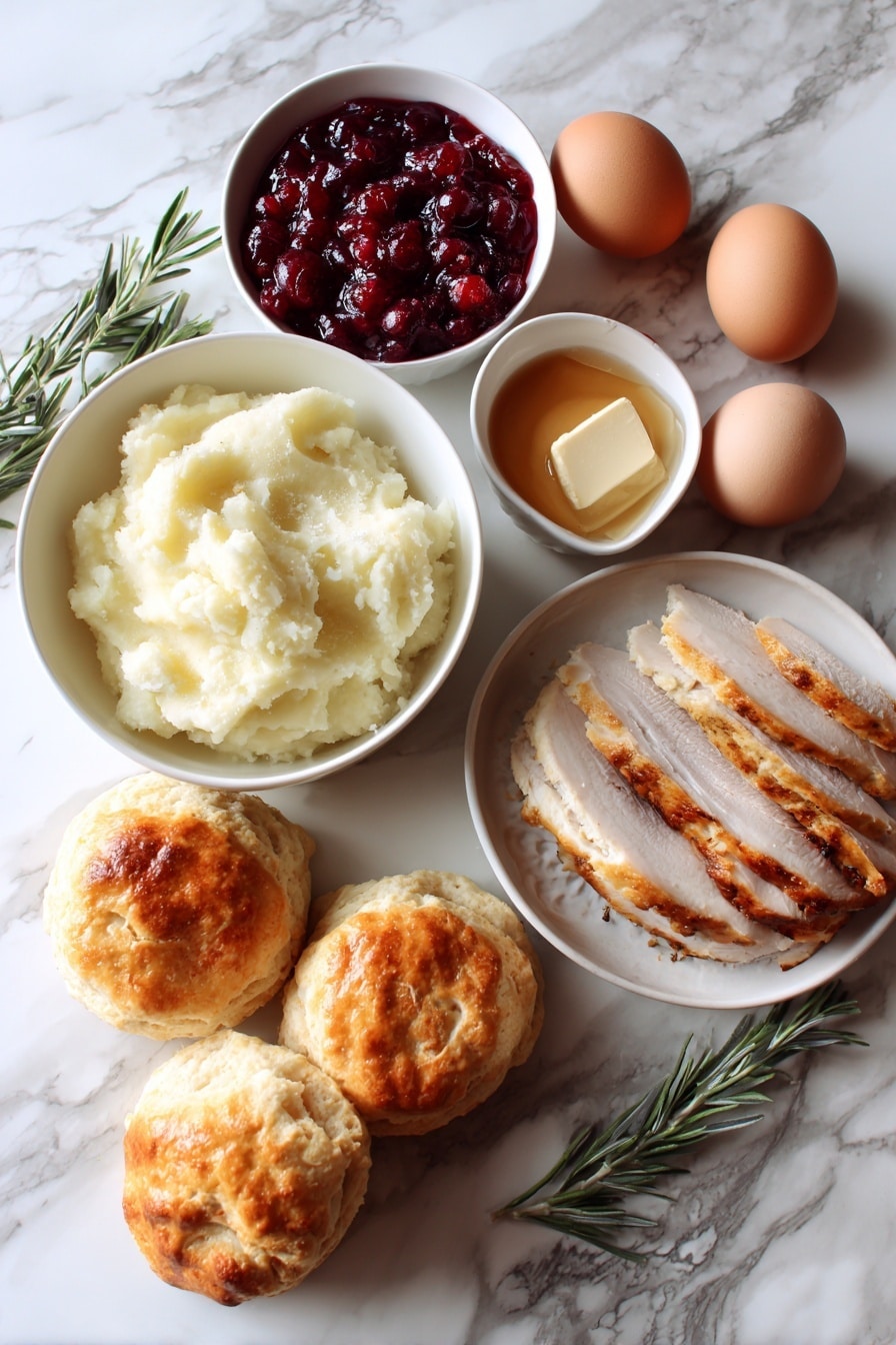 Flat lay of golden flaky biscuits and soft dinner rolls, glossy cranberry sauce dollops with deep red hues, creamy warm mashed potatoes with a smooth texture, tender slices of roast turkey with a slight caramelized edge, and shiny cooked eggs with bright yellow yolks—scrambled, poached, and fried styles all visible, placed on a white marble surface, photo taken with an iphone --ar 2:3 --v 7 - Thanksgiving Leftover Breakfast Sandwiches, Thanksgiving leftover breakfast ideas, easy leftover breakfast recipes, quick turkey breakfast sandwiches, holiday leftovers breakfast
