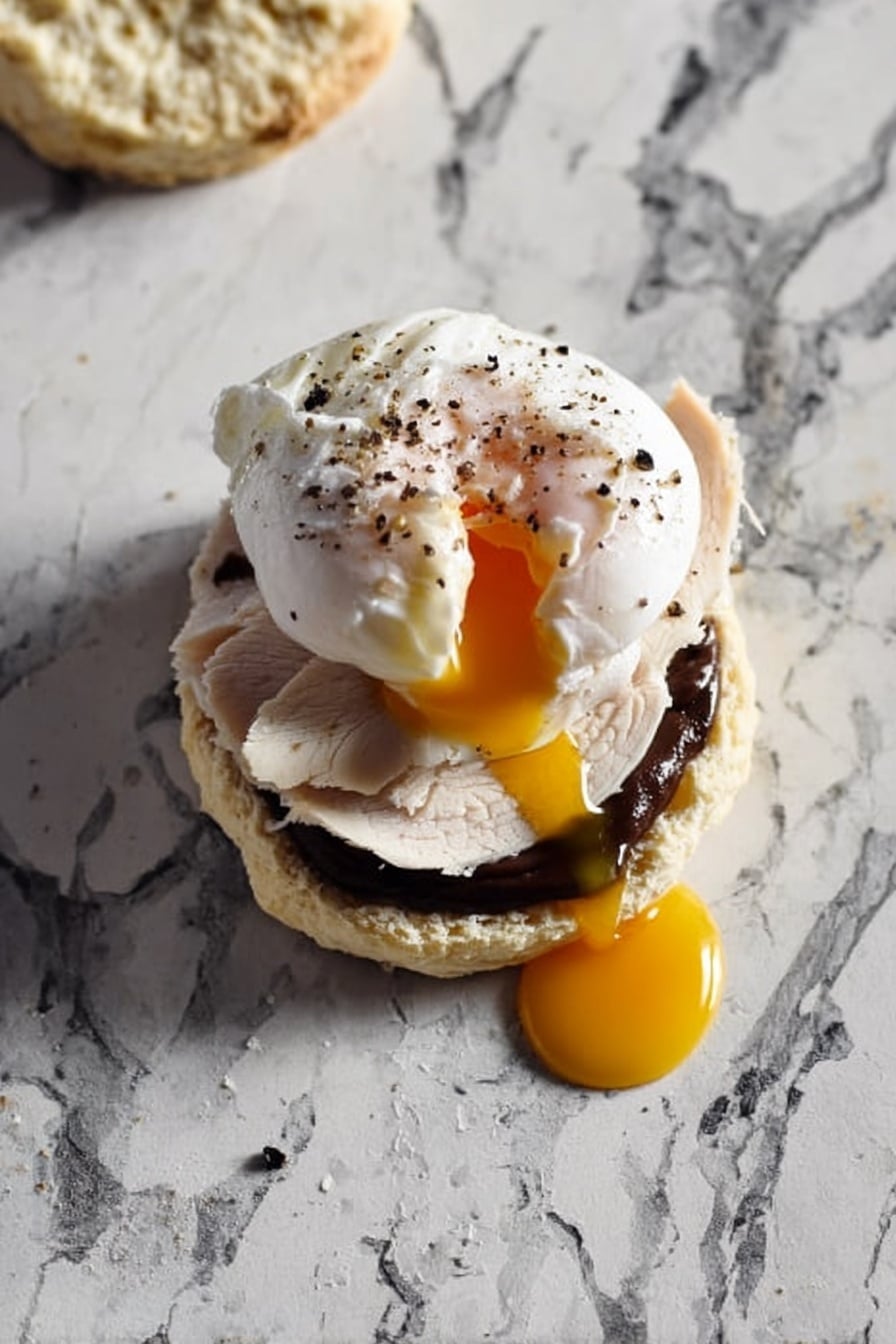 A close-up of a biscuit biscuit sliced in half on a gray textured surface, layered with a dark jam spread on the bottom, a thick creamy white layer above it, topped with a soft white poached egg. The egg yolk is bright yellow and spilling down the side of the biscuit. In the background, blurred biscuit halves and a glass of amber liquid are visible. photo taken with an iphone --ar 2:3 --v 7 - Thanksgiving Leftover Breakfast Sandwiches, Thanksgiving leftover breakfast ideas, easy leftover breakfast recipes, quick turkey breakfast sandwiches, holiday leftovers breakfast