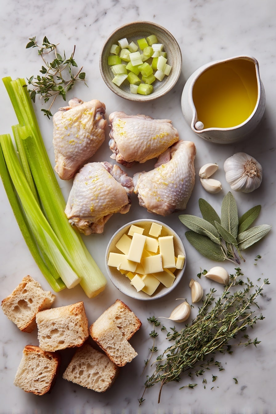 Flat lay of bone-in skin-on chicken thighs with golden crispy skin, fresh sweet onion sliced in half, bright green celery stalks diced, whole garlic cloves scattered, mixed fresh herbs including sage, parsley, and thyme sprigs, cubes of rustic bread stacked, small bowl of melted butter, and a small jug of rich chicken stock, placed on a white marble surface, photo taken with an iphone --ar 2:3 --v 7 - Thanksgiving Chicken and Stuffing Bake, easy gravy recipe, holiday chicken casserole, one-pan holiday dinner, cozy comfort food