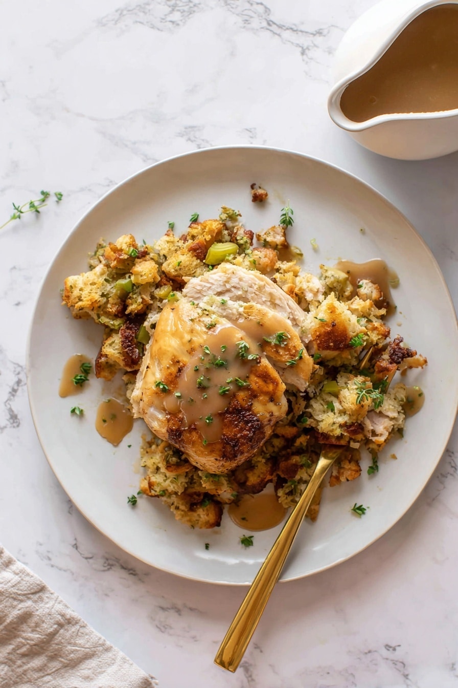 The image shows a white plate on a white marbled surface with a serving of cooked chicken layered on a bed of golden brown stuffing mixed with small pieces of vegetables. The chicken is golden and slightly crispy with chopped green herbs sprinkled on top. A light brown gravy is drizzled over both the chicken and stuffing. A gold fork rests on the right side of the plate, partially touching the stuffing. In the upper right corner, there is a white gravy boat with brown gravy inside and a small spillage on the outside. Photo taken with an iphone --ar 2:3 --v 7 - Thanksgiving Chicken and Stuffing Bake, easy gravy recipe, holiday chicken casserole, one-pan holiday dinner, cozy comfort food