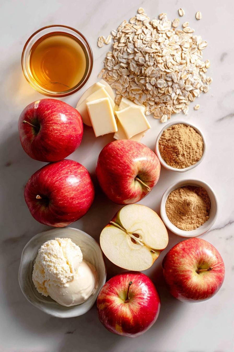 Flat lay of 6 large honeycrisp apples with one cut open showing the core removed, piles of rolled oats, softly packed brown sugar, a small mound of cinnamon powder, softened pale butter blocks, a glass of golden apple cider, a small pour of amber bourbon, and a scoop of creamy vanilla ice cream, all beautifully arranged on a white marble surface, photo taken with an iphone --ar 2:3 --v 7 - Bourbon Baked Apples with Oat-Stuffed Filling and Cinnamon Ice Cream, baked apple dessert, bourbon apple recipe, cozy fall desserts, easy baked apple ideas