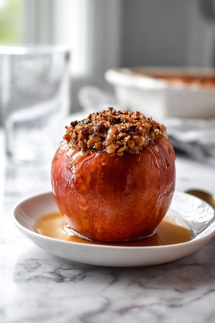 A baked apple sits in the center of a plain white plate, its skin wrinkled and deep reddish-brown with a shiny texture. On top of the apple is a scoop of white ice cream, slowly melting and dripping down the sides. The apple also has a layer of brown filling visible near the top, giving a crunchy texture hint. In the background, there is a blurred view of more baked apples with ice cream in a white dish and a glass with a light drink. The entire scene is set on a white marbled surface, and the lighting highlights the soft melting ice cream and rich apple skin detail. photo taken with an iphone --ar 2:3 --v 7 - Bourbon Baked Apples with Oat-Stuffed Filling and Cinnamon Ice Cream, baked apple dessert, bourbon apple recipe, cozy fall desserts, easy baked apple ideas