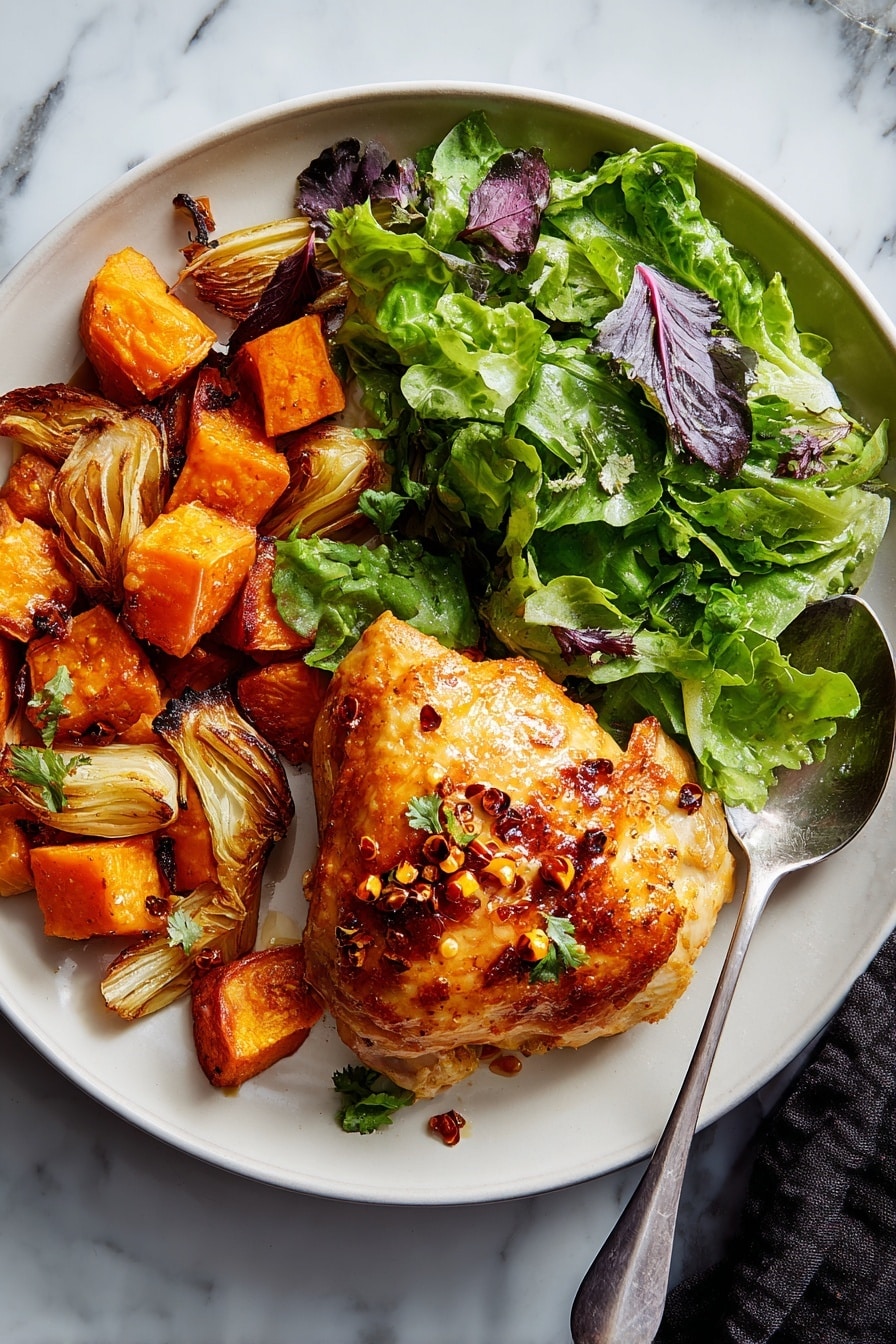A baking tray filled with three golden-brown roasted chicken thighs arranged with bright orange cubed sweet potatoes and brownish roast shallots. The chicken thighs have a crispy, slightly charred skin, showing some oil shine on top. The sweet potato cubes are scattered evenly around the tray, their roasted edges slightly darkened. The shallots are peeled into wedge shapes, browned on the edges, and nestled between the chicken and sweet potatoes. Small green cilantro leaves are sprinkled over the dish, giving a fresh contrast to the warm colors. A metal spatula lifts one chicken thigh from the bottom right corner, over a white marbled surface background. photo taken with an iphone --ar 2:3 --v 7 - Sheet-Pan Miso Chicken & Sweet Potatoes, easy miso chicken dinner, sheet pan chicken and sweet potatoes, healthy weeknight meal, flavorful roasted chicken