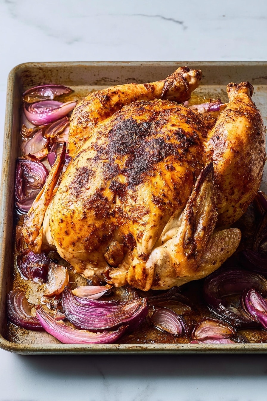 A baking tray filled with several large pieces of cooked chicken with golden brown and crispy skin, some parts showing a rich, darker roasted color. Scattered among the chicken pieces are thick wedges of roasted red onions, softened and caramelized with a deep purple and brown tint. The tray shows glistening juices and oil pooling slightly around the ingredients, giving a shiny texture. The whole scene sits on a white marbled surface. photo taken with an iphone --ar 2:3 --v 7 - Sheet-Pan Roasted Red Onion Chicken with Herb and Onion Sauce, roasted onion chicken, easy sheet-pan chicken dinner, savory herb onion sauce, one-pan chicken recipe