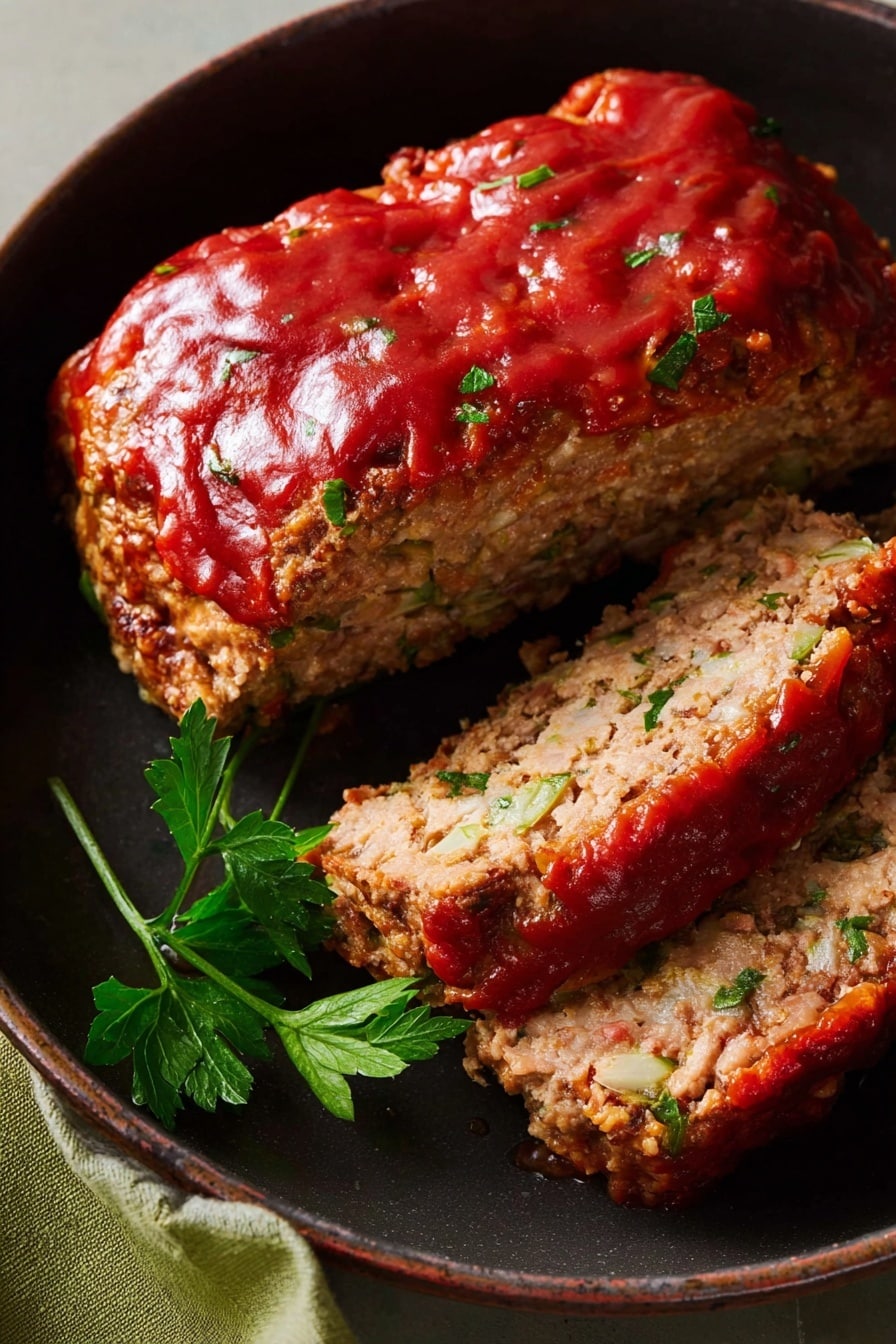 Two pieces of meatloaf are shown on a round white plate with a dark inside. Each piece has a layer of thick red sauce on top. One meatloaf piece is cut in half, showing its light brown, crumbly inside with small green specks. There is a small green parsley garnish on the plate near the meats. A white plate on the side holds a slice of meatloaf with sauce on top, a fork with traces of sauce, and a knife with red sauce on it. The background surface is a white marbled texture, and a glass with a golden drink is partially visible in the corner. Photo taken with an iphone --ar 2:3 --v 7 - Air Fryer Turkey Meatloaf, turkey meatloaf with ketchup brown sugar glaze, healthy air fryer recipes, quick weeknight dinner ideas, easy turkey meatloaf
