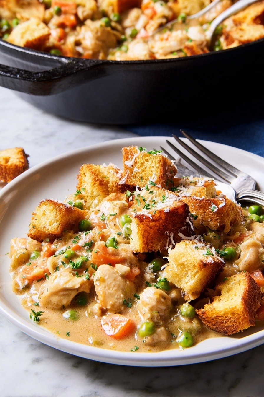 A white plate on a white marbled surface holds a serving of creamy chicken and vegetable stew topped with golden brown toasted bread cubes sprinkled with grated cheese and small parsley leaves. The stew has a thick light brown sauce with visible chunks of chicken, orange carrot pieces, and green peas. In the blurred background, there is a black cast iron pan filled with more of the stew. Two metal forks rest near the plate. photo taken with an iphone --ar 2:3 --v 7 - Garlic Bread-Topped Chicken Pot Pie, chicken pot pie with garlic bread topping, easy chicken pot pie recipe, comforting chicken pie, crispy garlic bread chicken pie