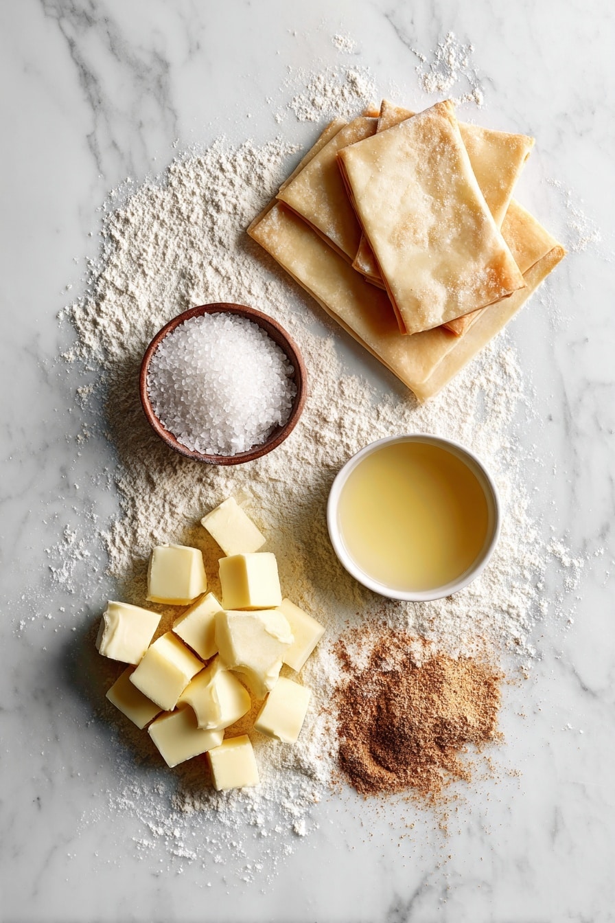 Flat lay of peeled and chopped fresh apples, golden melted butter in a small pool, granulated sugar crystals sparkling beside a small heap of warm brown ground cinnamon, thin sheets of thawed puff pastry neatly stacked, and a light dusting of all-purpose flour scattered artistically across the surface, placed on a white marble surface, photo taken with an iphone --ar 2:3 --v 7 - Apple Turnovers, apple turnovers recipe, homemade apple turnovers, easy apple turnovers, flaky apple turnovers