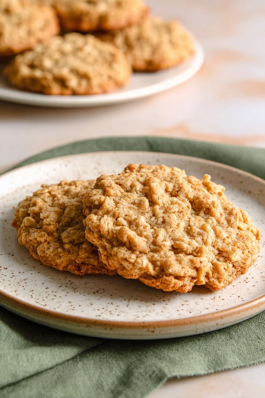 The image shows a round gold wire cooling rack holding thirteen oatmeal cookies. The cookies are spread evenly across the rack, each cookie having a rough surface texture with visible oats and a golden brown color, with some parts darker indicating they are baked well. The rack sits on a white marbled surface, and to the right side there is a folded gray cloth. Soft natural light highlights the texture of the cookies and casts gentle shadows around them. photo taken with an iphone --ar 2:3 --v 7 - Apple Oatmeal Cookies, chewy oatmeal apple cookies, healthy apple cookies, fall cookie recipes, easy apple cookies