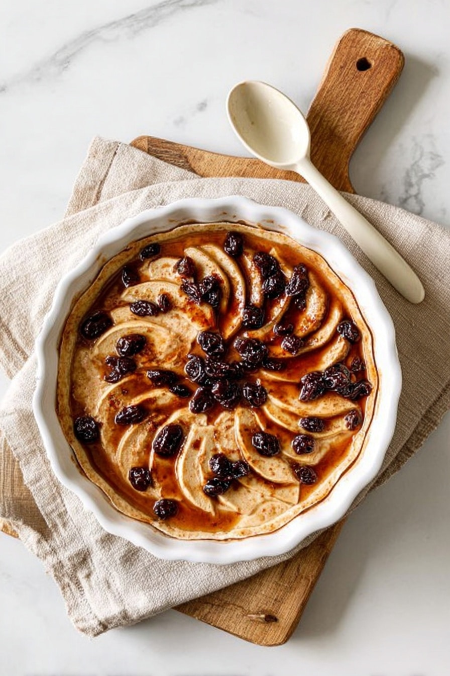 A round tart with a white scalloped edge plate, filled with a baked apple dessert showing several thin apple slices layered in a circular pattern, topped with dark raisins and a shiny cinnamon sauce that has pooled around the edges, sitting on a light brown wooden cutting board with a beige cloth partially under the plate, next to a plain white spoon with a cream handle, all placed on a white marbled surface photo taken with an iphone --ar 2:3 --v 7 - Baked Apple, baked apple dessert, easy baked apple recipe, cozy apple dessert, comforting baked apple