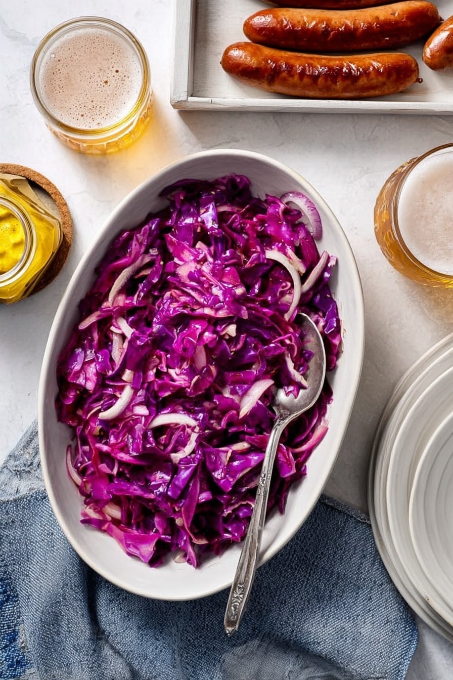 The image shows a white oval bowl filled with shredded cooked purple cabbage with some slices of onions mixed in, and a silver spoon resting on the side inside the bowl. To the left, there is a small glass jar with yellow mustard and a spoon in it, alongside a white tray holding four browned sausages. To the right, there is a glass of light-colored beer with foam at the top, and a stack of white plates is visible. The background is a white marbled surface with a fabric towel underneath the bowl and tray. photo taken with an iphone --ar 2:3 --v 7 - German Red Cabbage, German Red Cabbage Side Dish, traditional German red cabbage, easy red cabbage recipe, holiday red cabbage
