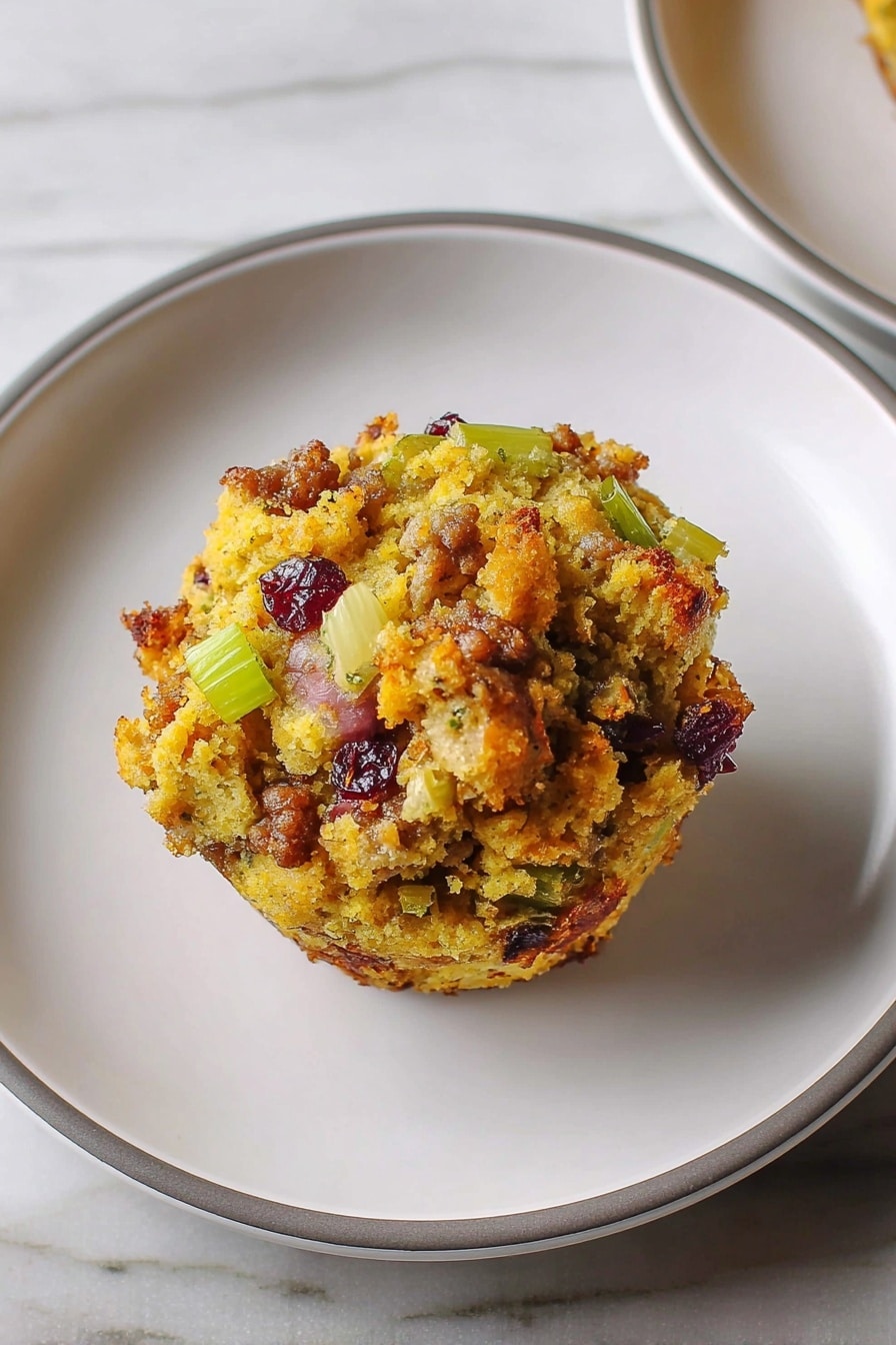 On a large white oval plate, there are twelve round savory muffins arranged in loose rows. Each muffin shows a mix of yellow bread crumbs, small chunks of pale yellow cheese, bright green celery pieces, bits of brown nuts, and dark red dried cranberries, all toasted lightly on top. The texture looks crumbly and coarse with visible small onion pieces adding some white contrast. The plate is set on a brown wooden table, but the background is changed to a white marbled texture. Photo taken with an iphone --ar 2:3 --v 7 - Stuffing Muffins, Stuffing Muffins Recipe, savory stuffing muffins, festive stuffing muffins, holiday stuffing muffins