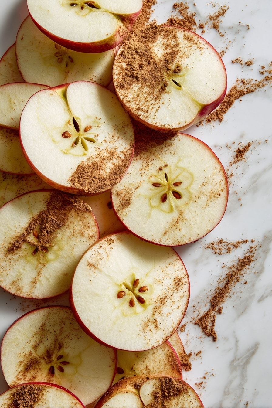 Flat lay of thinly sliced crisp apple rounds with pale yellow flesh and red edges, sprinkled with a light dusting of warm brown ground cinnamon powder, beautifully arranged in a scattered yet balanced pattern, placed on a white marble surface, photo taken with an iphone --ar 2:3 --v 7 - Crispy Air Fryer Apple Chips, healthy apple chips, homemade apple chips, easy air fryer snacks, low-calorie apple snacks