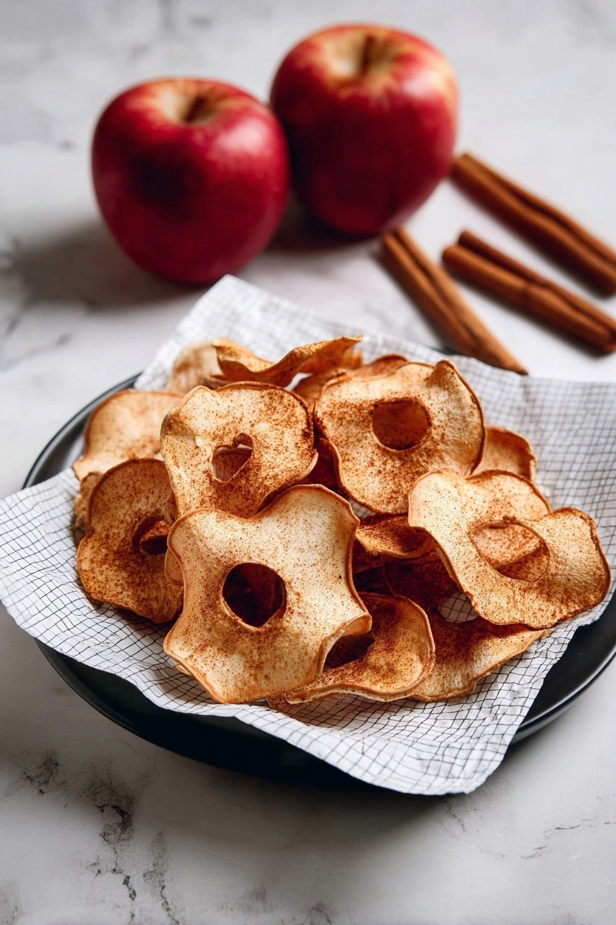 A round white plate lined with white paper that has black grid lines, filled with several thin, round apple chips that are light brown with a dusting of cinnamon, showing their slightly curled and crispy texture; in the background, two red apples and three cinnamon sticks are placed on a white marbled surface photo taken with an iphone --ar 2:3 --v 7 - Crispy Air Fryer Apple Chips, healthy apple chips, homemade apple chips, easy air fryer snacks, low-calorie apple snacks