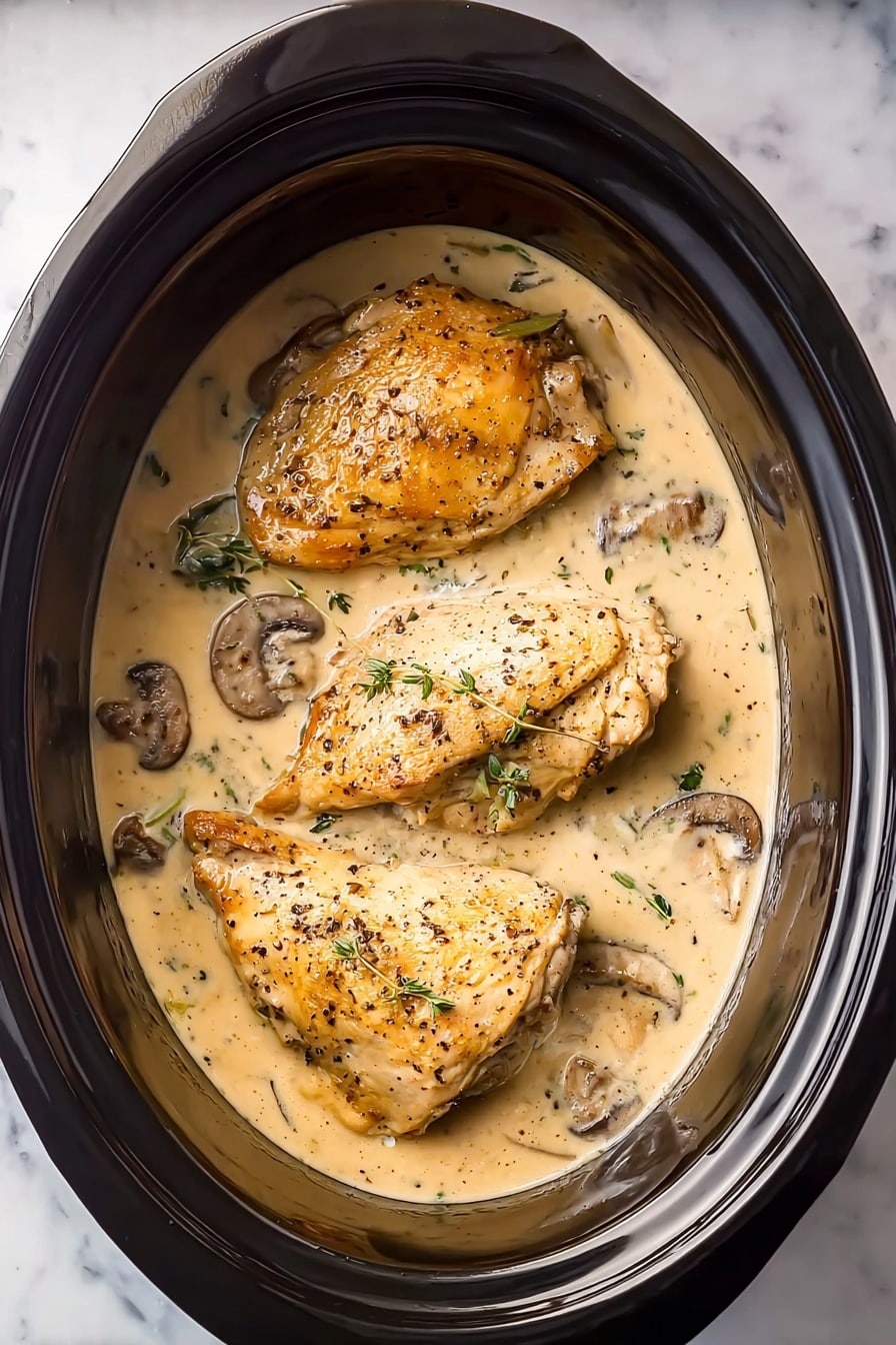 Three browned chicken pieces sit in a smooth, light tan creamy sauce inside a dark slow cooker. The chicken has a slightly crisp texture with small specks of herbs and black pepper on top. Small green herb pieces and sliced mushrooms are gently scattered in the sauce around the chicken. The sauce looks thick and covers about half the height of the chicken pieces. The slow cooker has a black oval shape with a soft shine on its inner walls. The background is a white marbled texture. photo taken with an iphone --ar 2:3 --v 7 - Slow Cooker Turkey Marsala, Turkey Marsala recipe, easy turkey Marsala, slow cooker poultry dishes, elegant turkey dinner